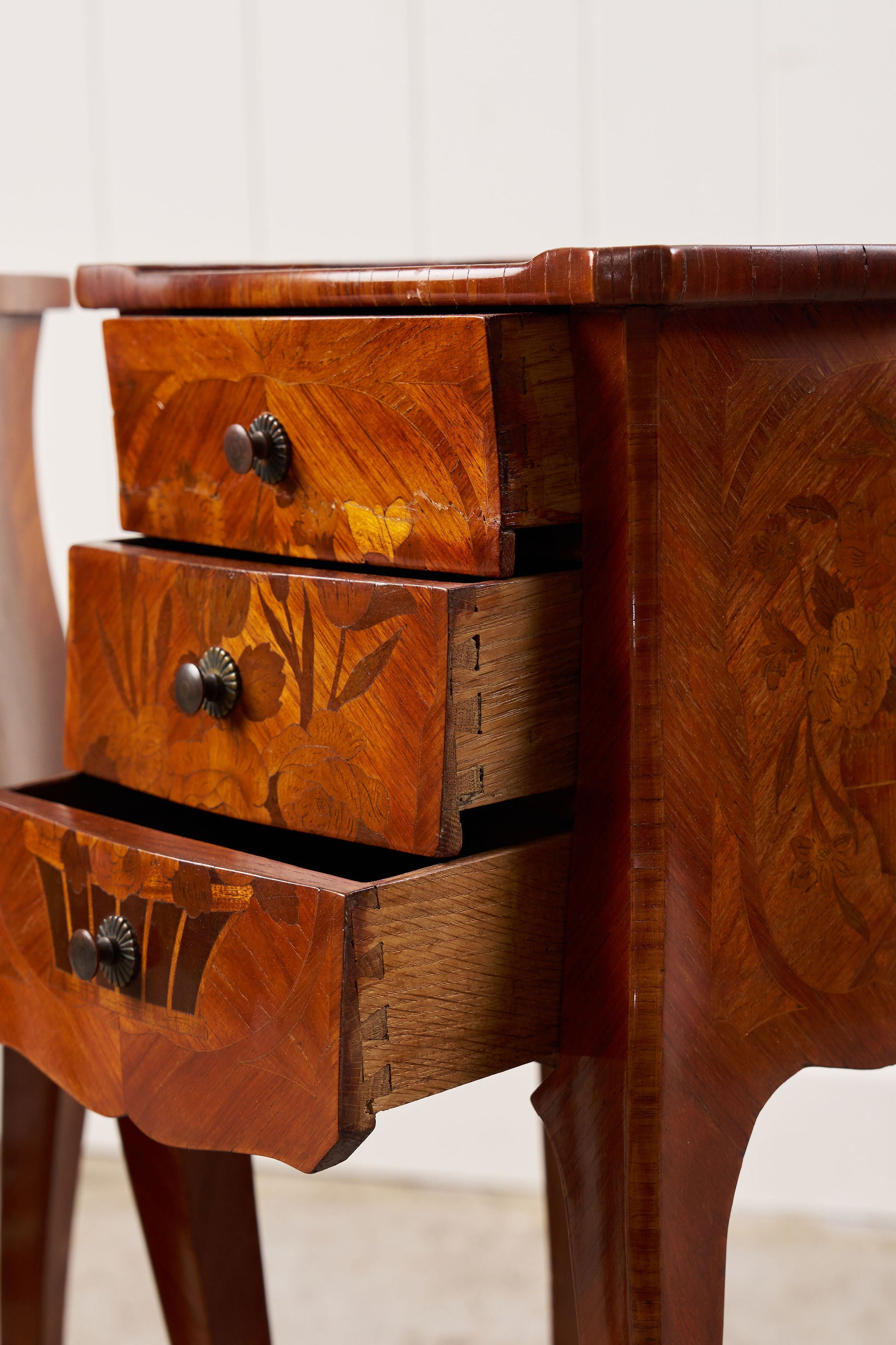 PAIR Louis XV Style Floral Marquetry Side Tables with Soft Scallop Top