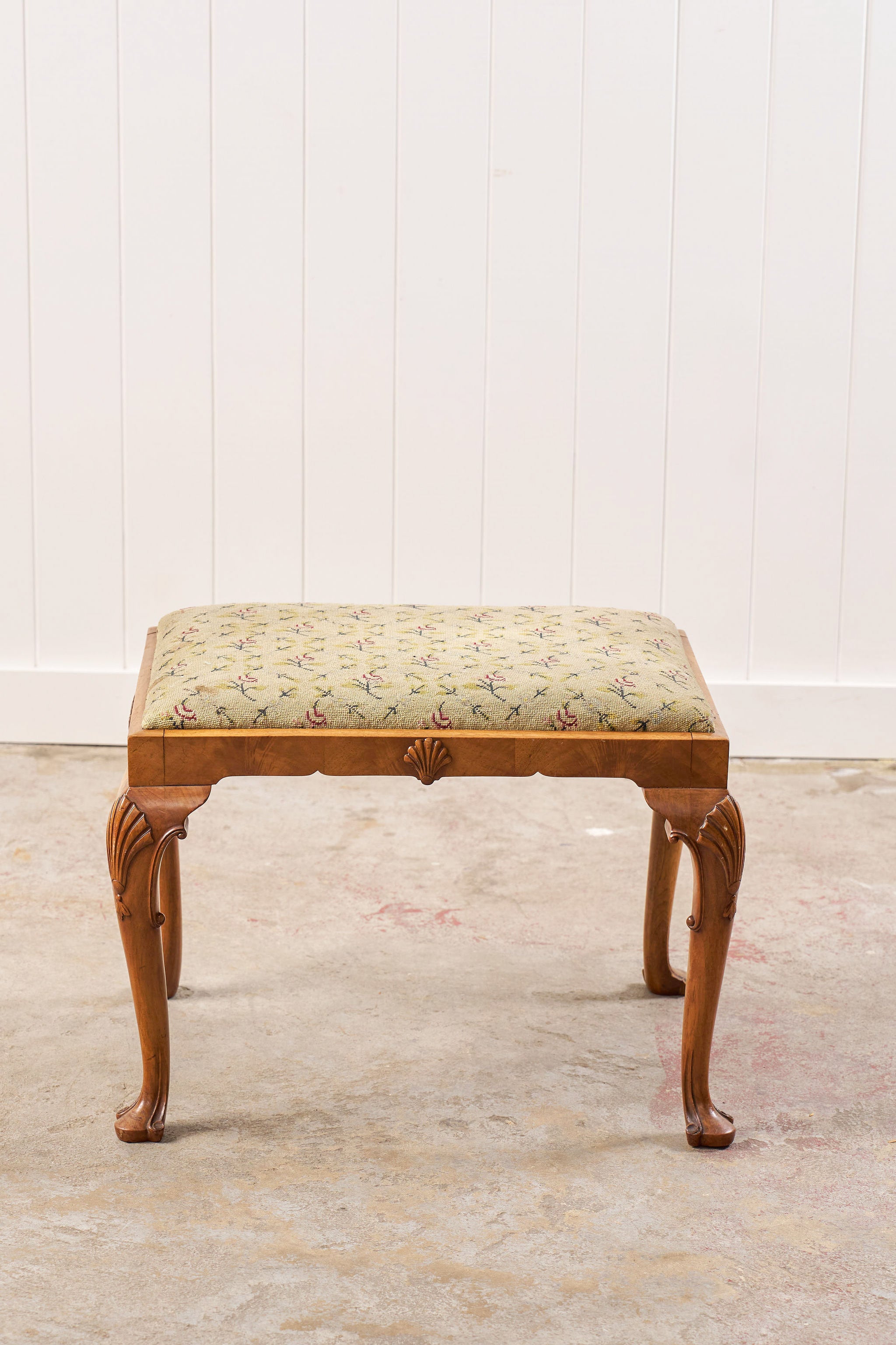 Antique Chippendale Upholstered Stool with Shell Details