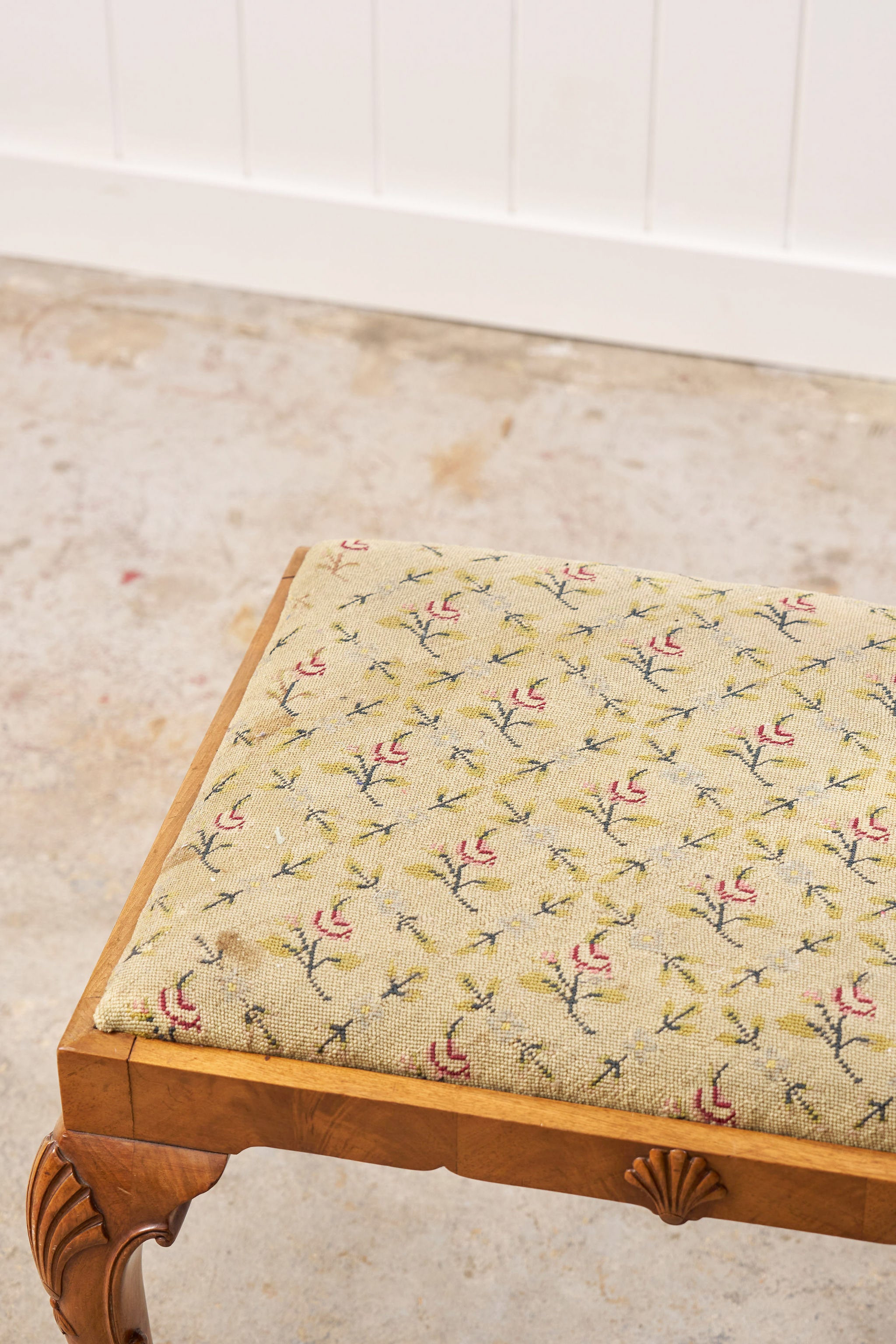 Antique Chippendale Upholstered Stool with Shell Details