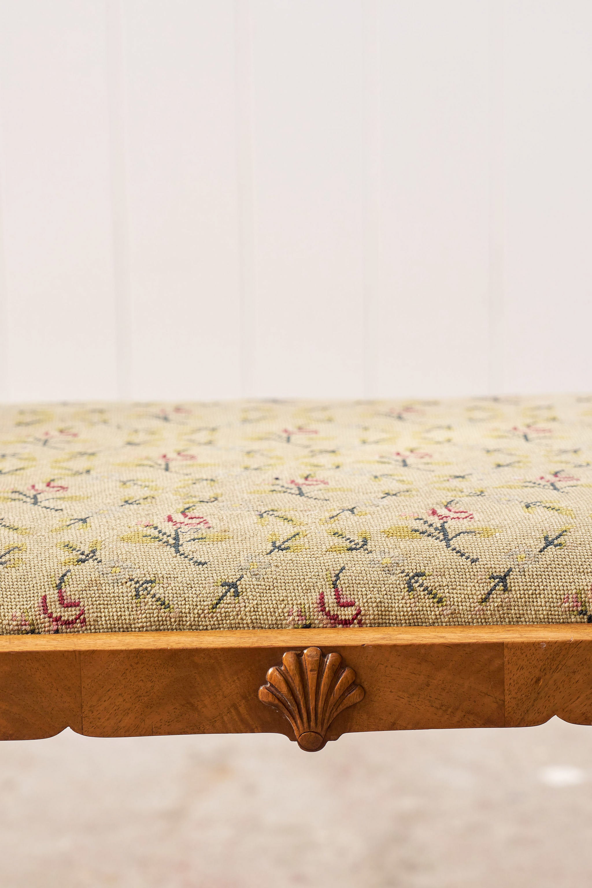 Antique Chippendale Upholstered Stool with Shell Details