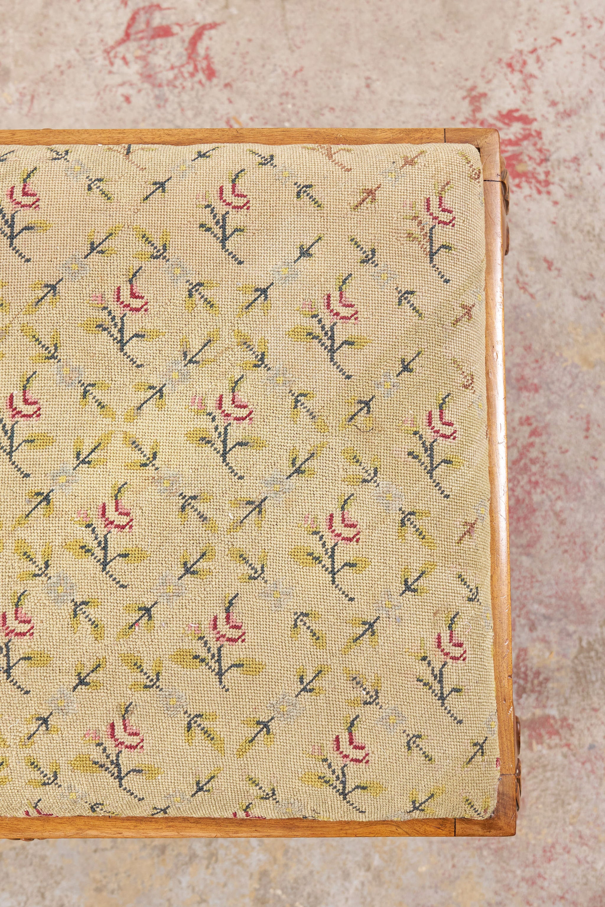 Antique Chippendale Upholstered Stool with Shell Details