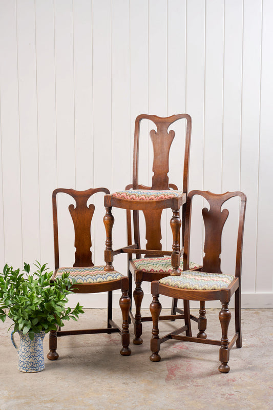 Set of 4 | English Carved Back Chairs with Turned Front Legs + Colorful Fabric
