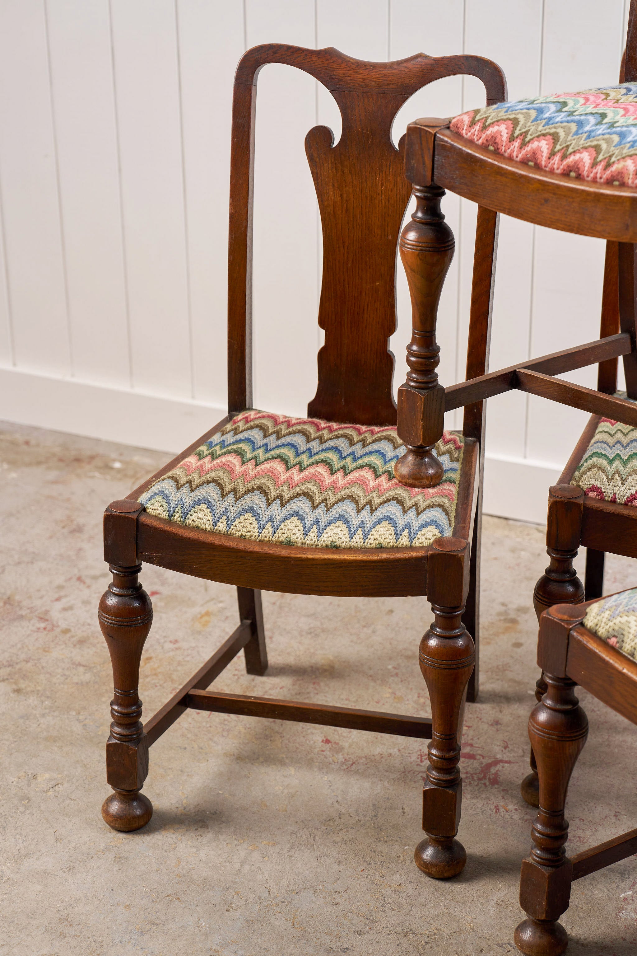 Set of 4 | English Carved Back Chairs with Turned Front Legs + Colorful Fabric