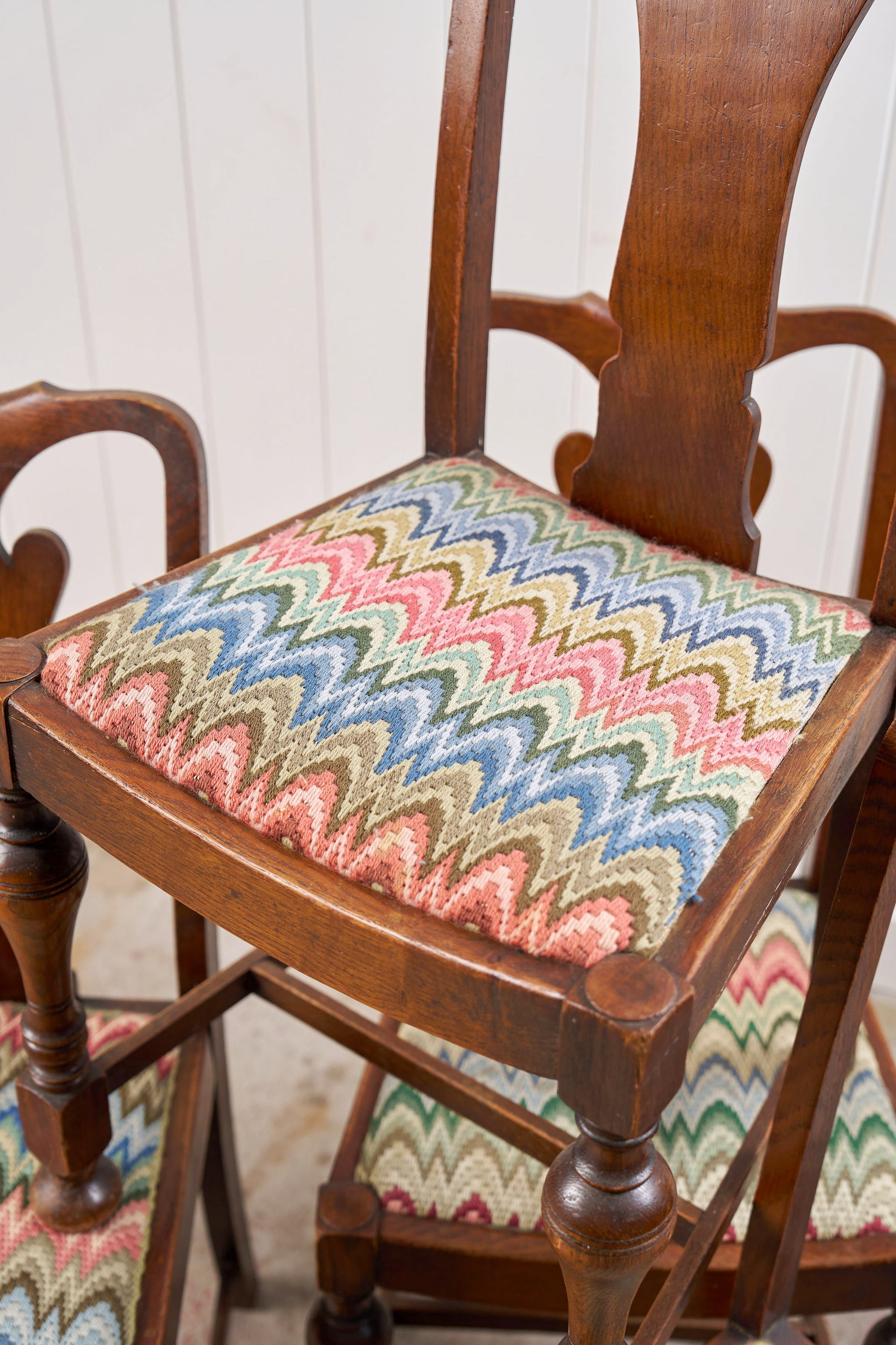 Set of 4 | English Carved Back Chairs with Turned Front Legs + Colorful Fabric