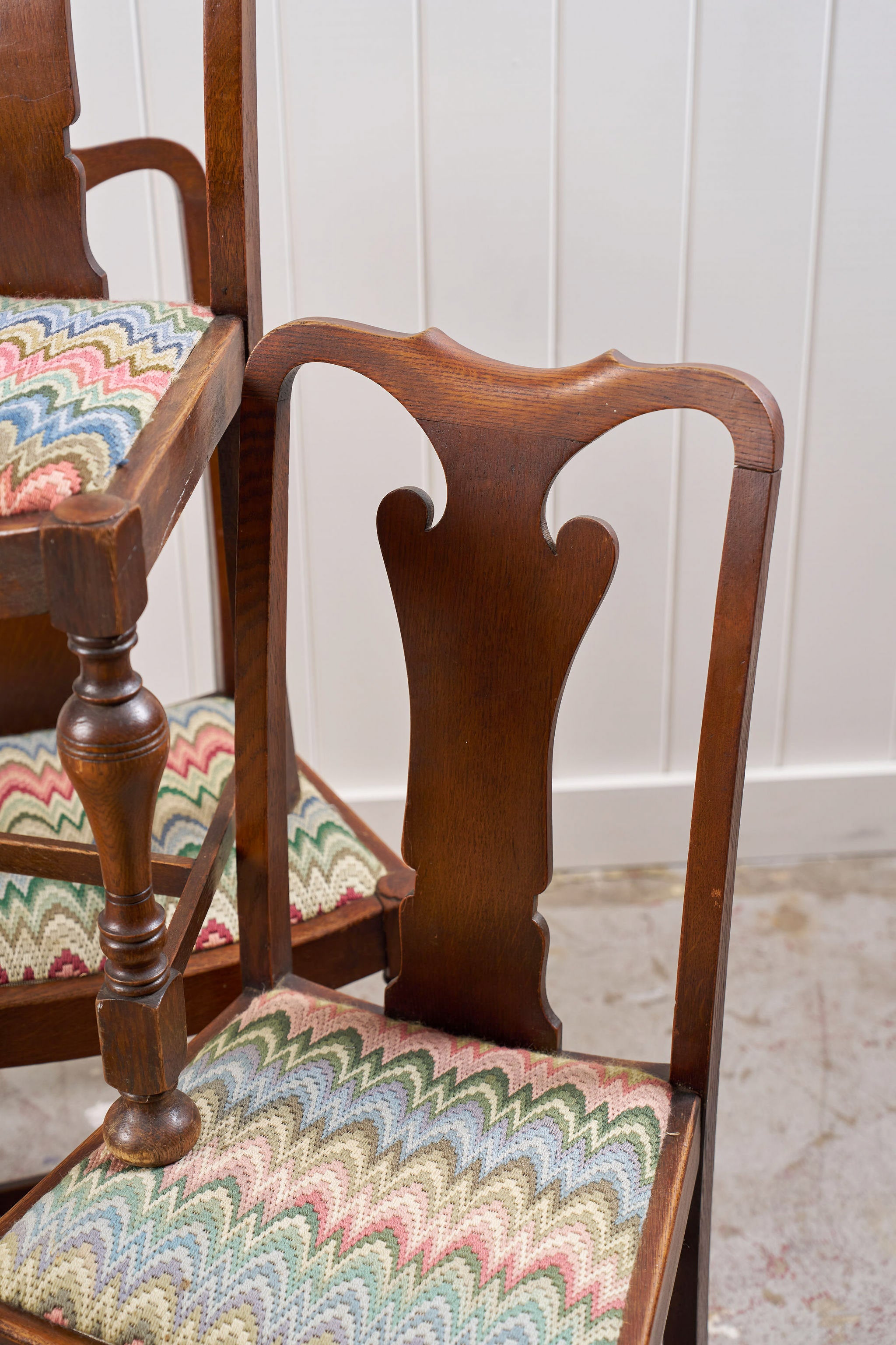 Set of 4 | English Carved Back Chairs with Turned Front Legs + Colorful Fabric