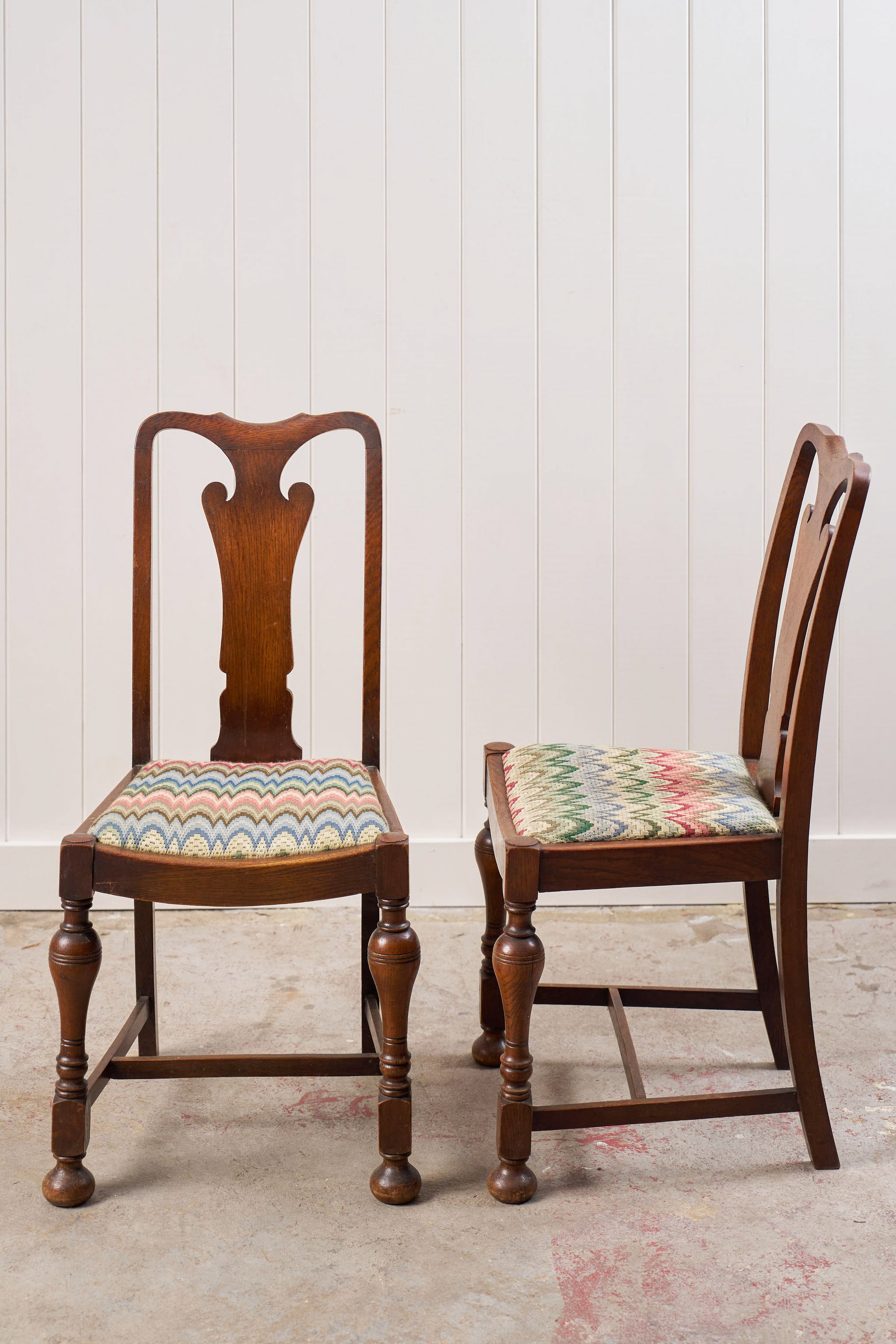 Set of 4 | English Carved Back Chairs with Turned Front Legs + Colorful Fabric