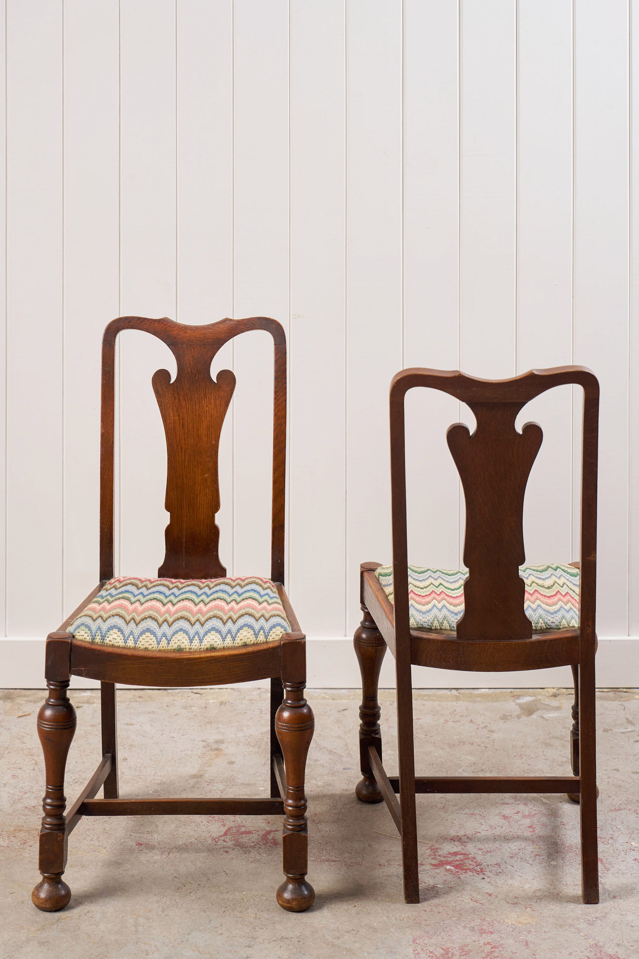 Set of 4 | English Carved Back Chairs with Turned Front Legs + Colorful Fabric