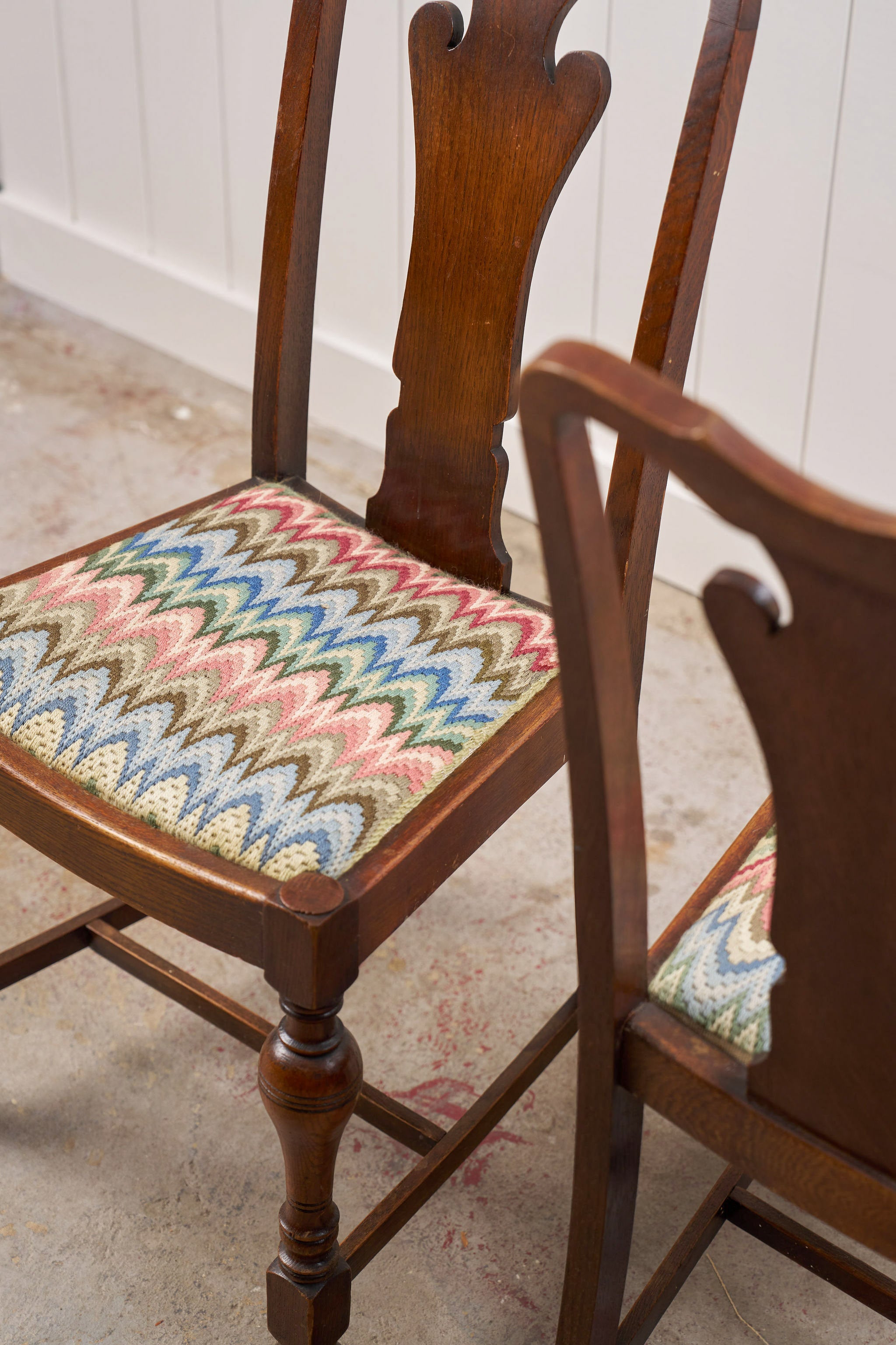 Set of 4 | English Carved Back Chairs with Turned Front Legs + Colorful Fabric