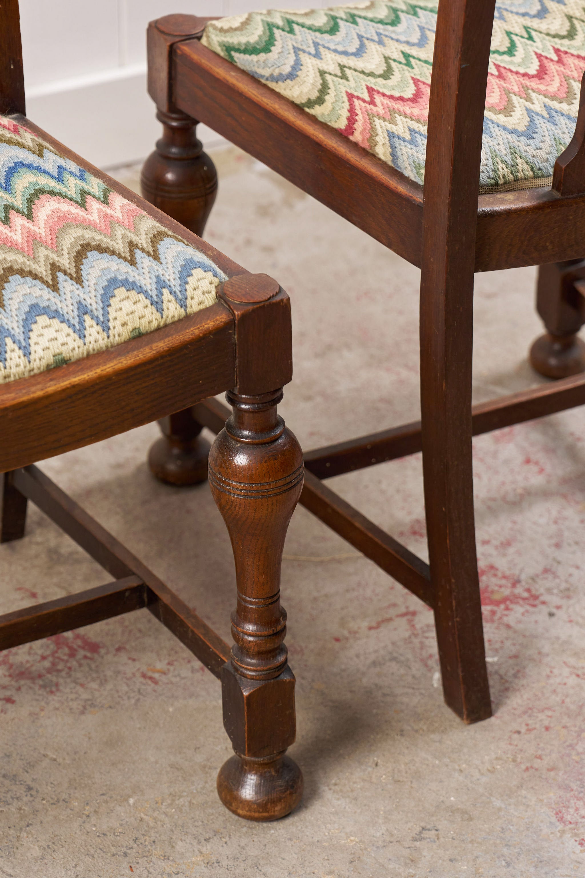 Set of 4 | English Carved Back Chairs with Turned Front Legs + Colorful Fabric