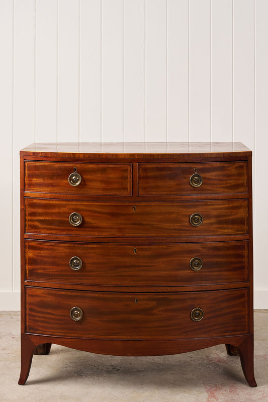 19th Century English Mahogany 2 Over 3 Bow Front Chest with Rope Detail Ring Pulls