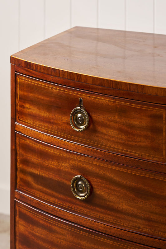 19th Century English Mahogany 2 Over 3 Bow Front Chest with Rope Detail Ring Pulls