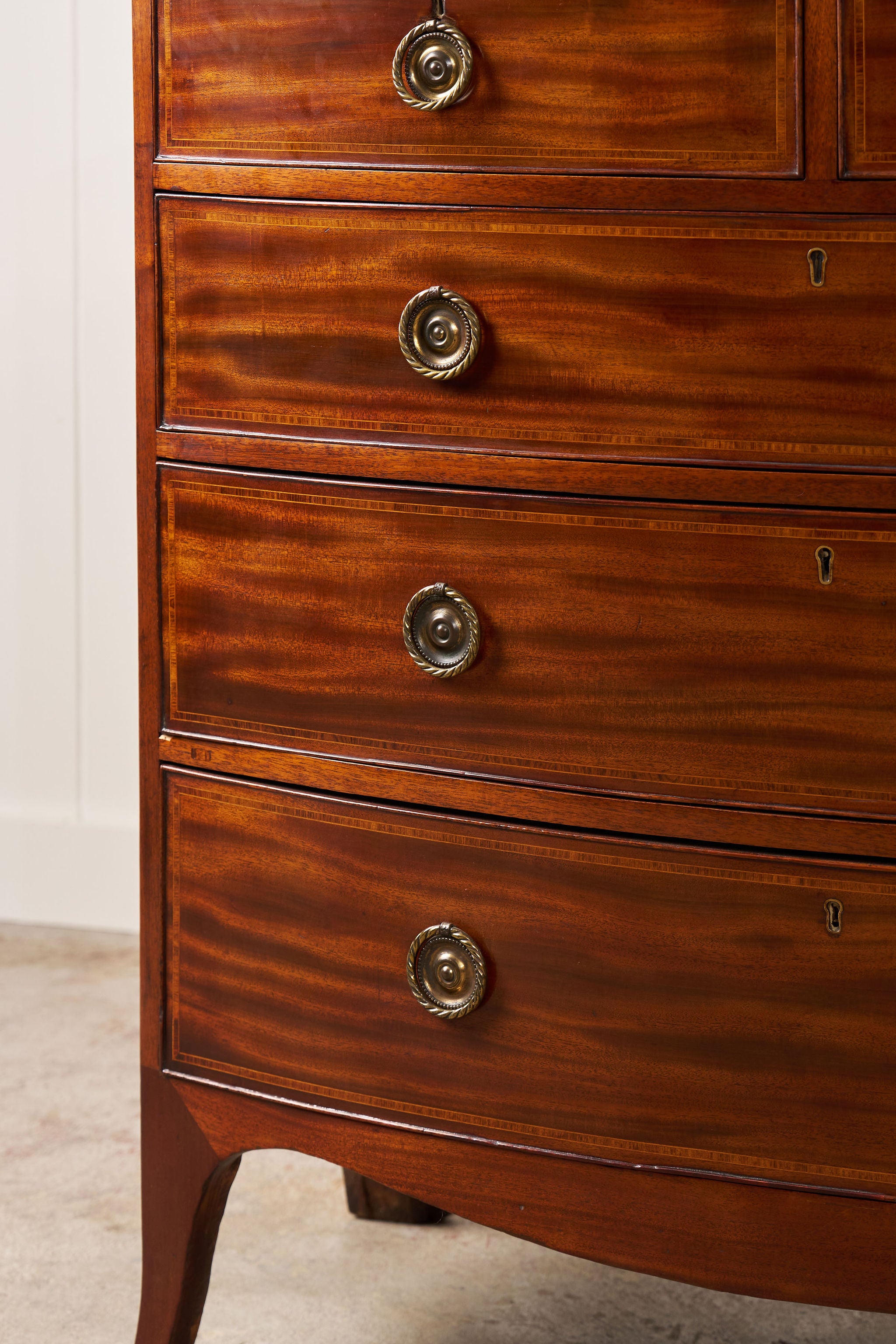 19th Century English Mahogany 2 Over 3 Bow Front Chest with Rope Detail Ring Pulls