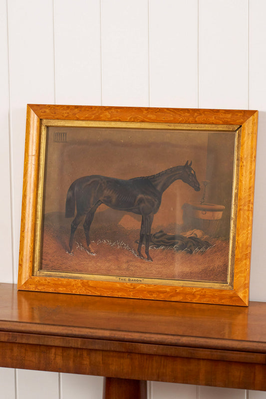 Antique English Horse Print in Maple and Gilt Frame