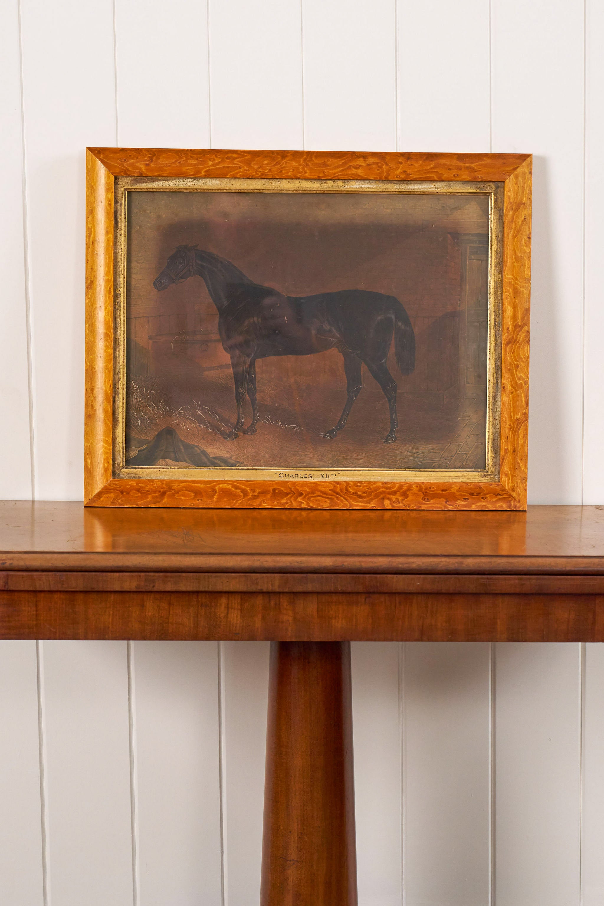 Antique English Horse Print in Maple and Gilt Frame