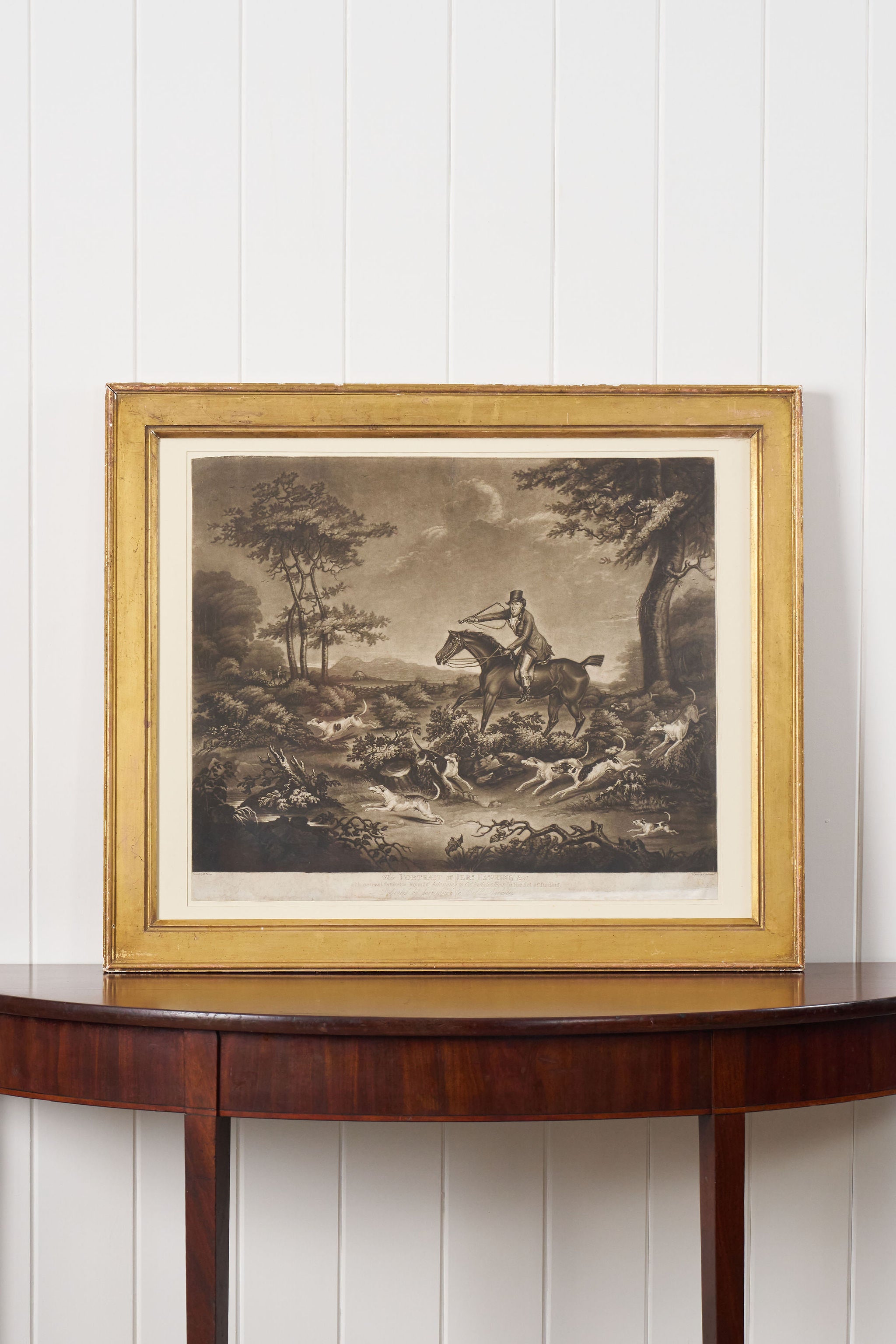 Engraving of Jer'm Hawkins Esq'r, with several favorite Hounds belonging. (C. 1850-1890)