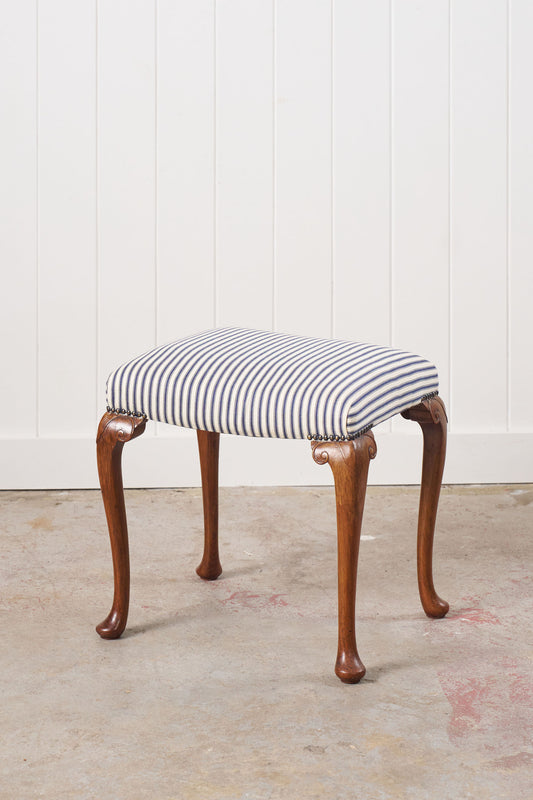 Antique English Carved Footstool | Navy + White Ticking Stripe