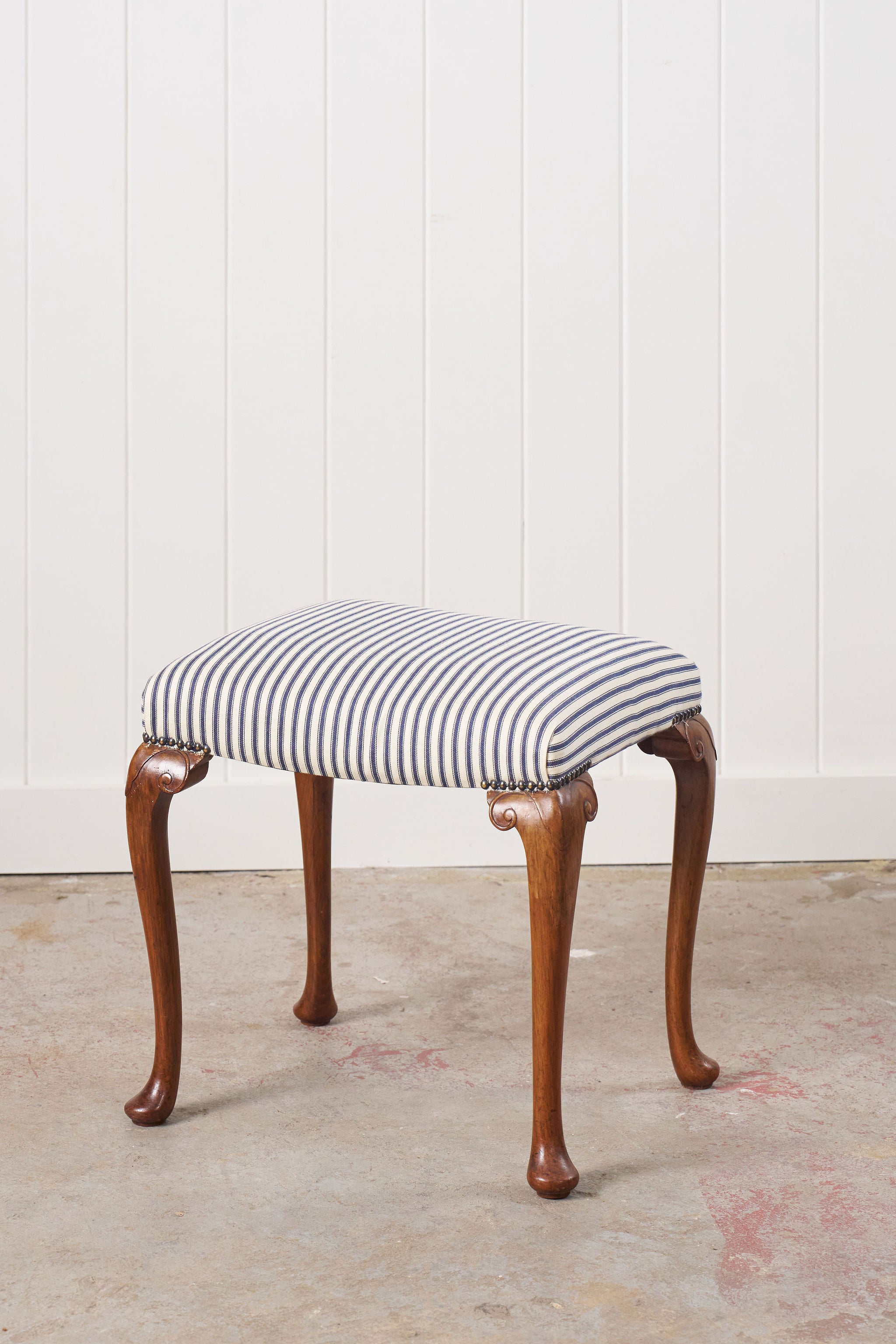Antique English Carved Footstool | Navy + White Ticking Stripe