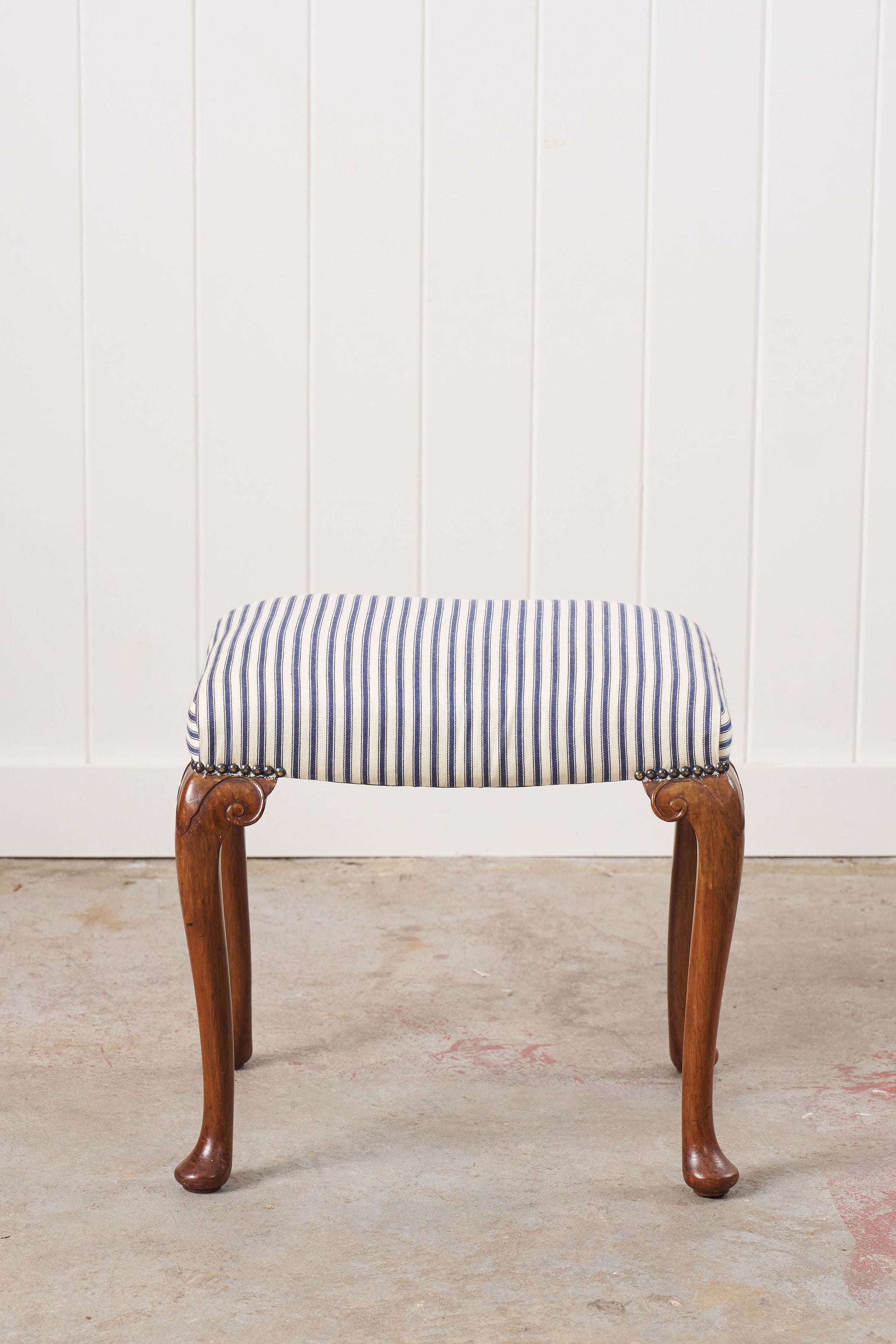 Antique English Carved Footstool | Navy + White Ticking Stripe