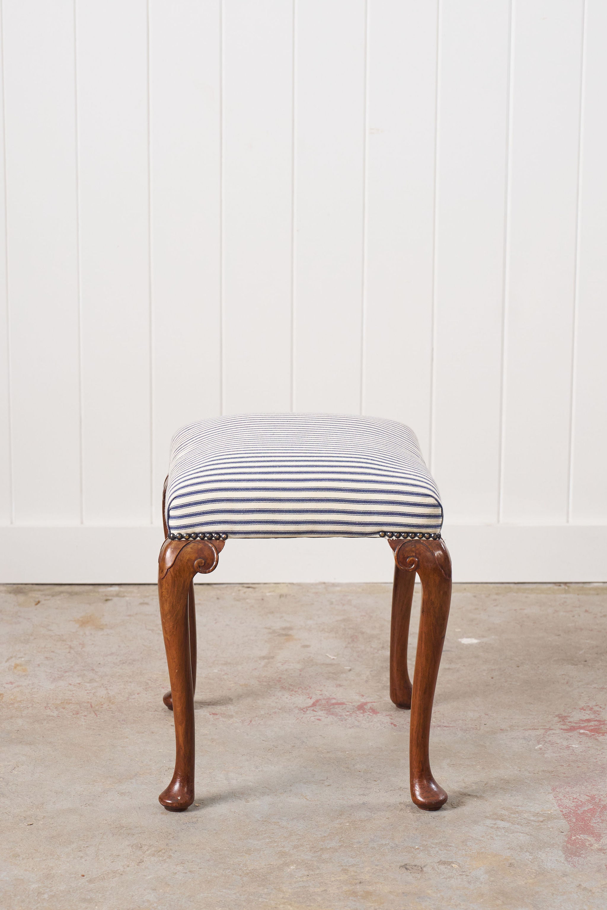 Antique English Carved Footstool | Navy + White Ticking Stripe