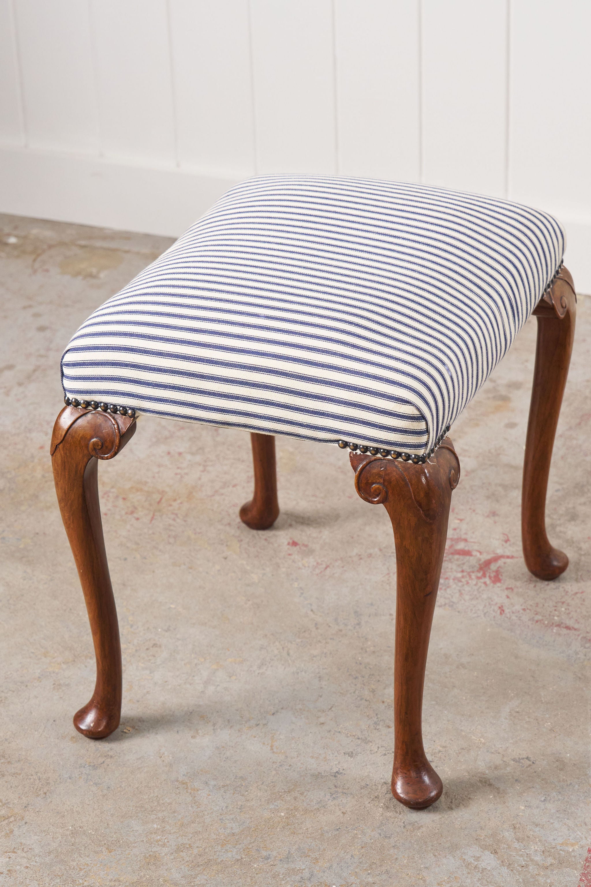 Antique English Carved Footstool | Navy + White Ticking Stripe