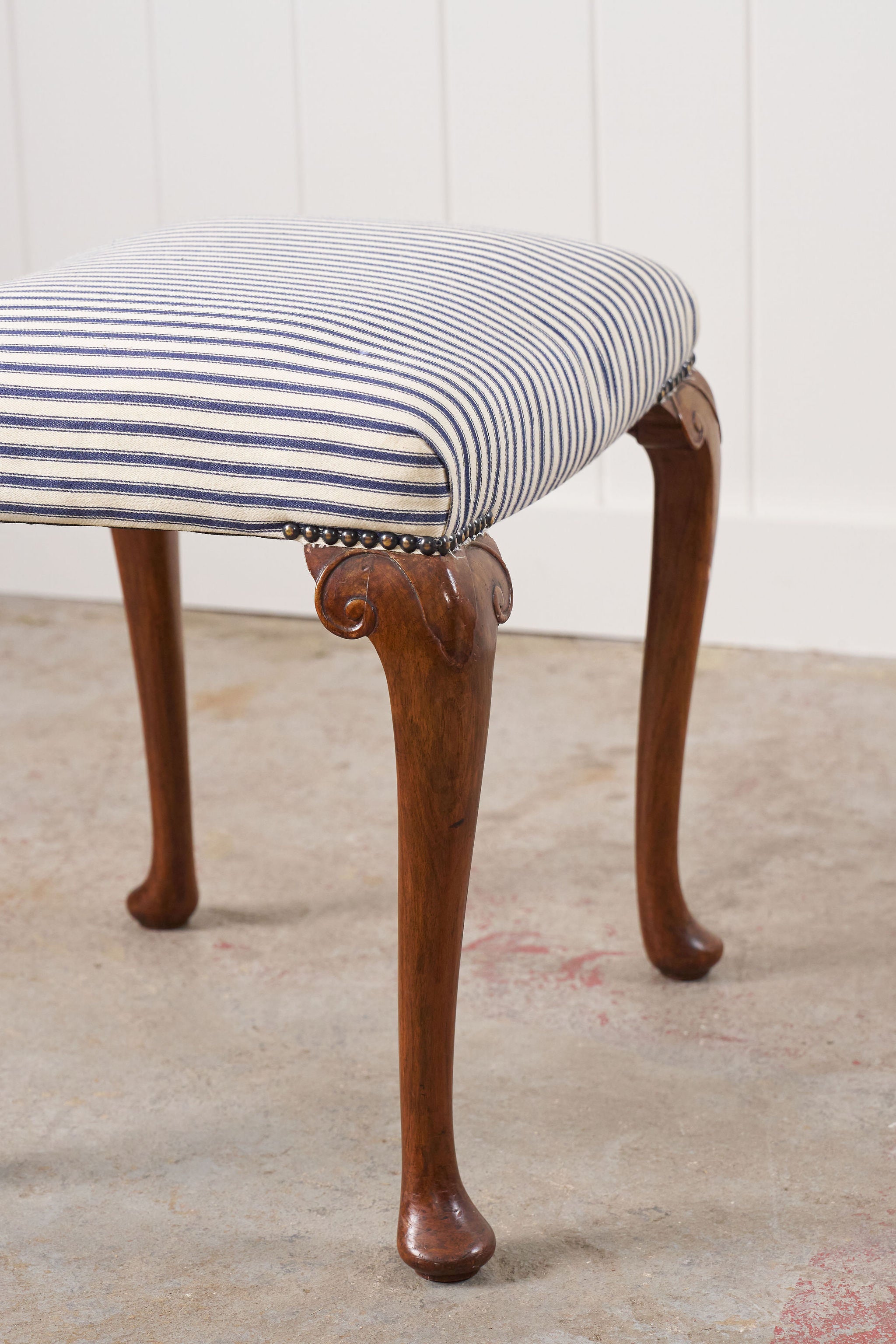 Antique English Carved Footstool | Navy + White Ticking Stripe
