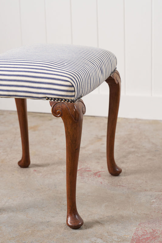 Antique English Carved Footstool | Navy + White Ticking Stripe