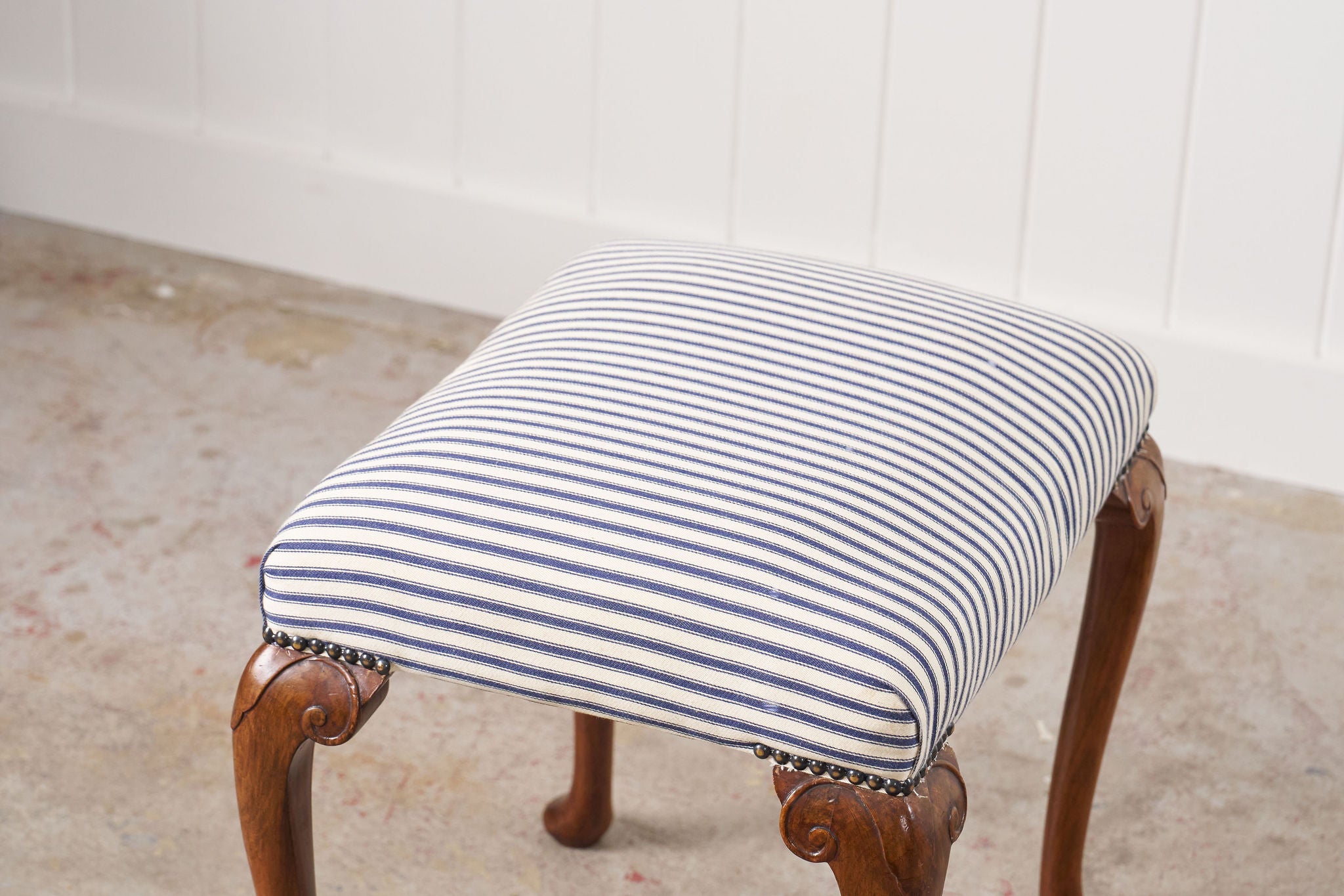Antique English Carved Footstool | Navy + White Ticking Stripe