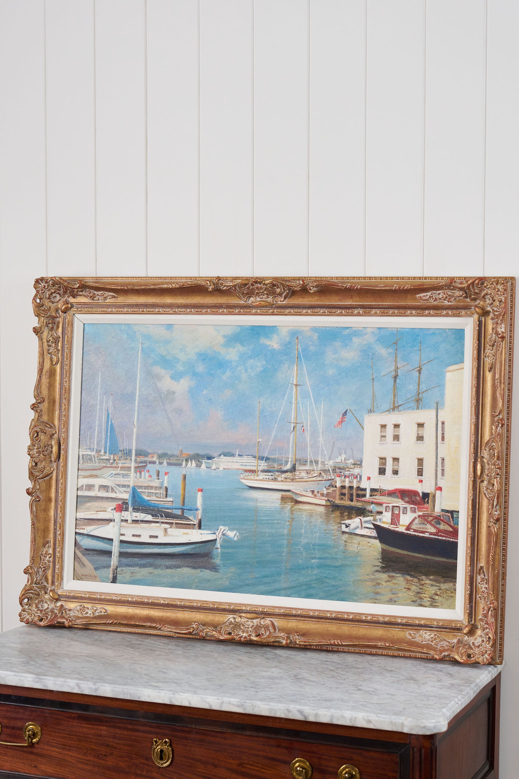 Signed Oil on Board by Kenneth Raymond Denton (British; 1932–2024) | 'The Harbour at Newport, RI'
