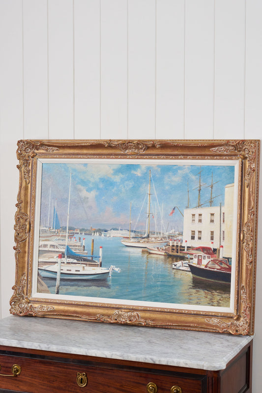 Signed Oil on Board by Kenneth Raymond Denton (British; 1932–2024) | 'The Harbour at Newport, RI'