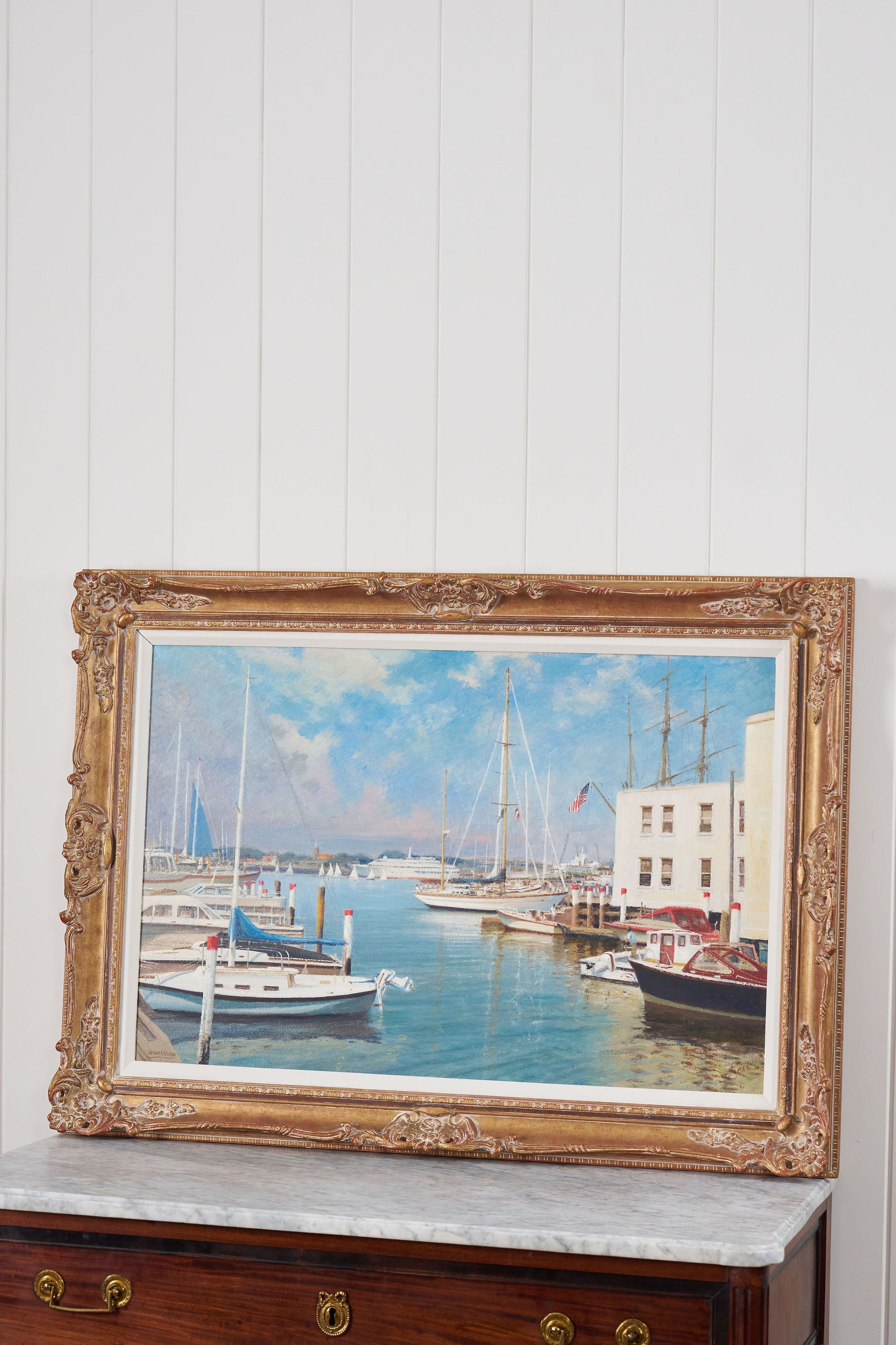 Signed Oil on Board by Kenneth Raymond Denton (British; 1932–2024) | 'The Harbour at Newport, RI'