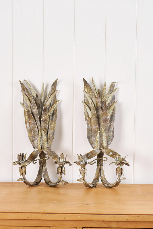 PAIR of Iron Floral Wall Candlestick Sconces
