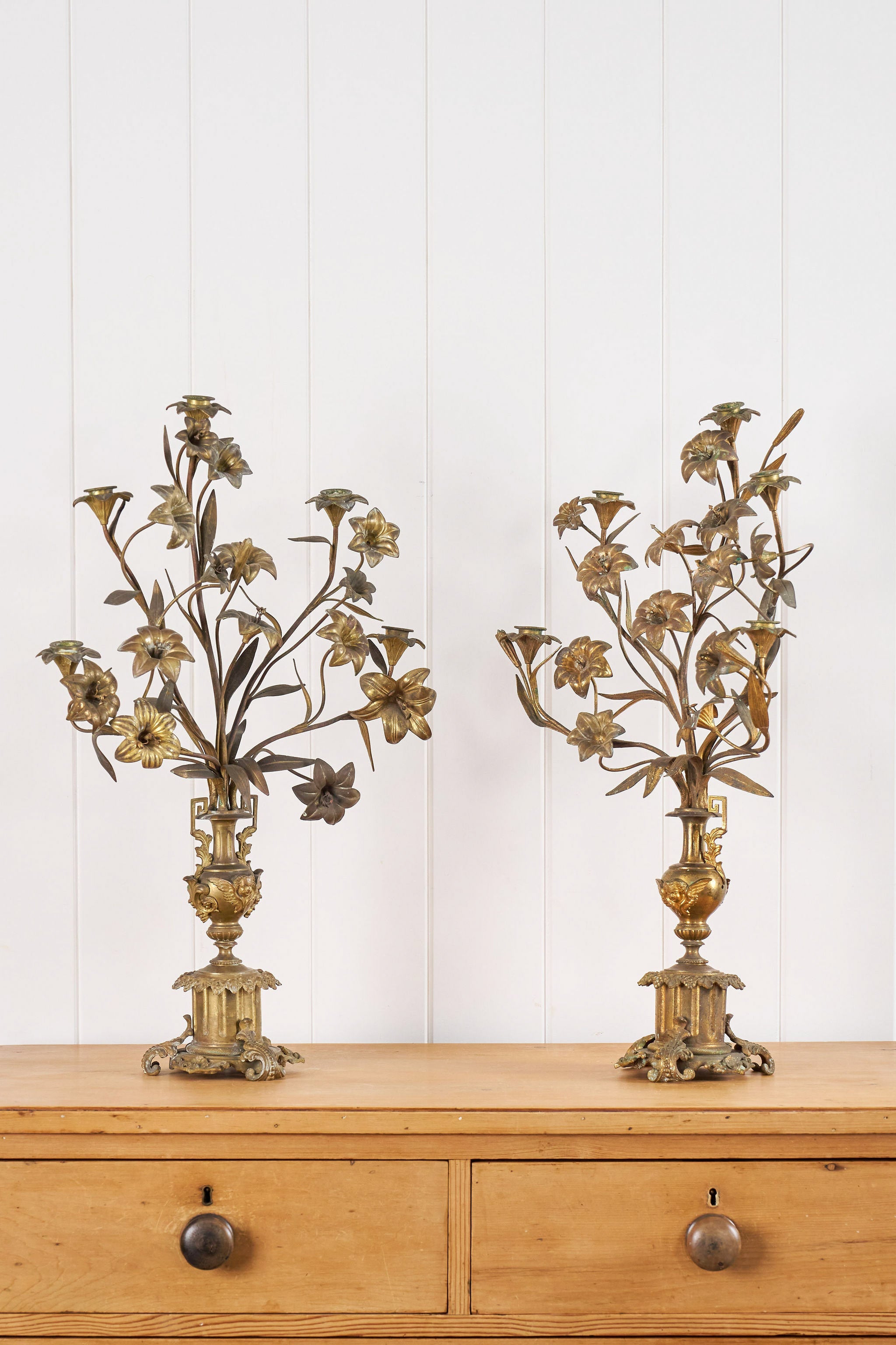 PAIR of 19th Century French Bronze Floral Toile 5-Candle Candelabras