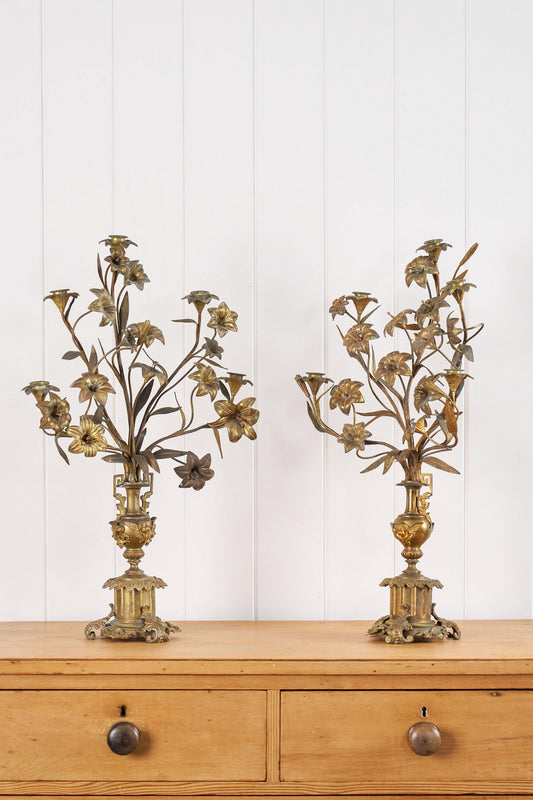 PAIR of 19th Century French Bronze Floral Toile 5-Candle Candelabras