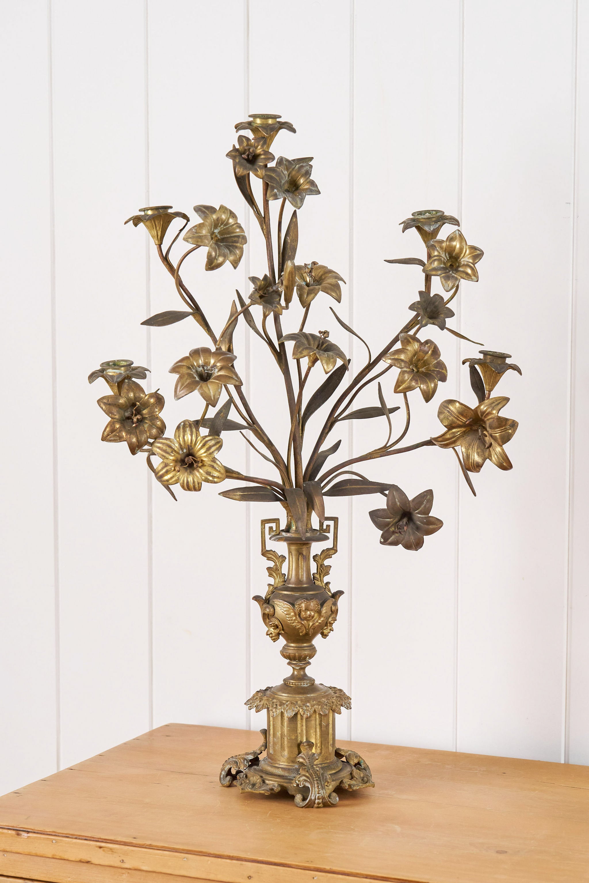 PAIR of 19th Century French Bronze Floral Toile 5-Candle Candelabras