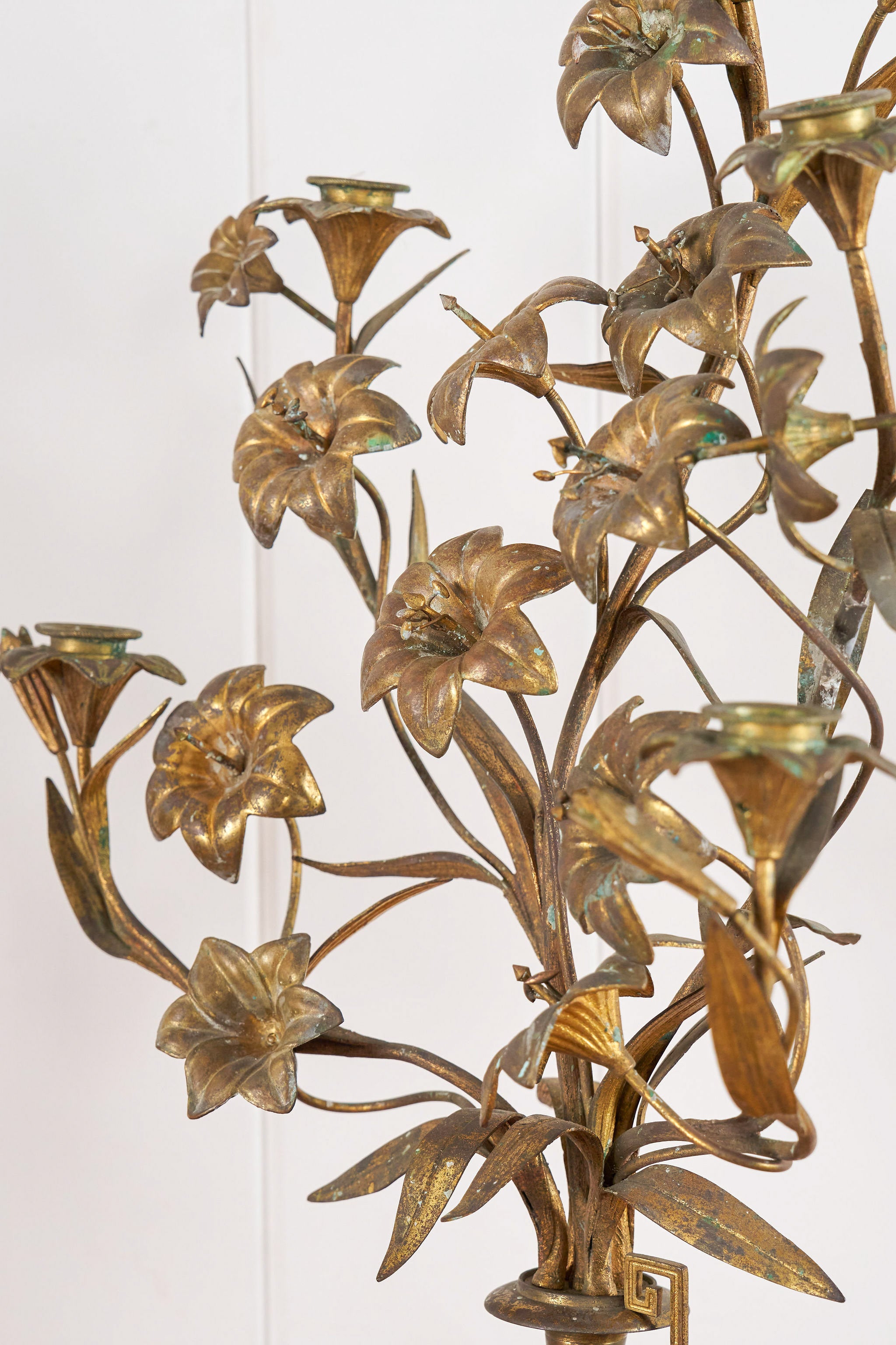 PAIR of 19th Century French Bronze Floral Toile 5-Candle Candelabras