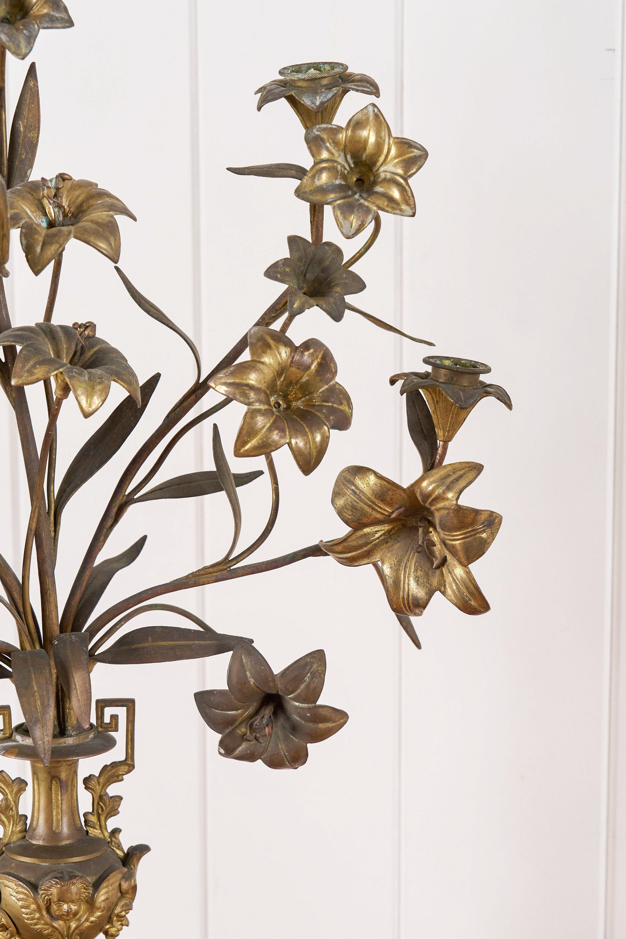 PAIR of 19th Century French Bronze Floral Toile 5-Candle Candelabras