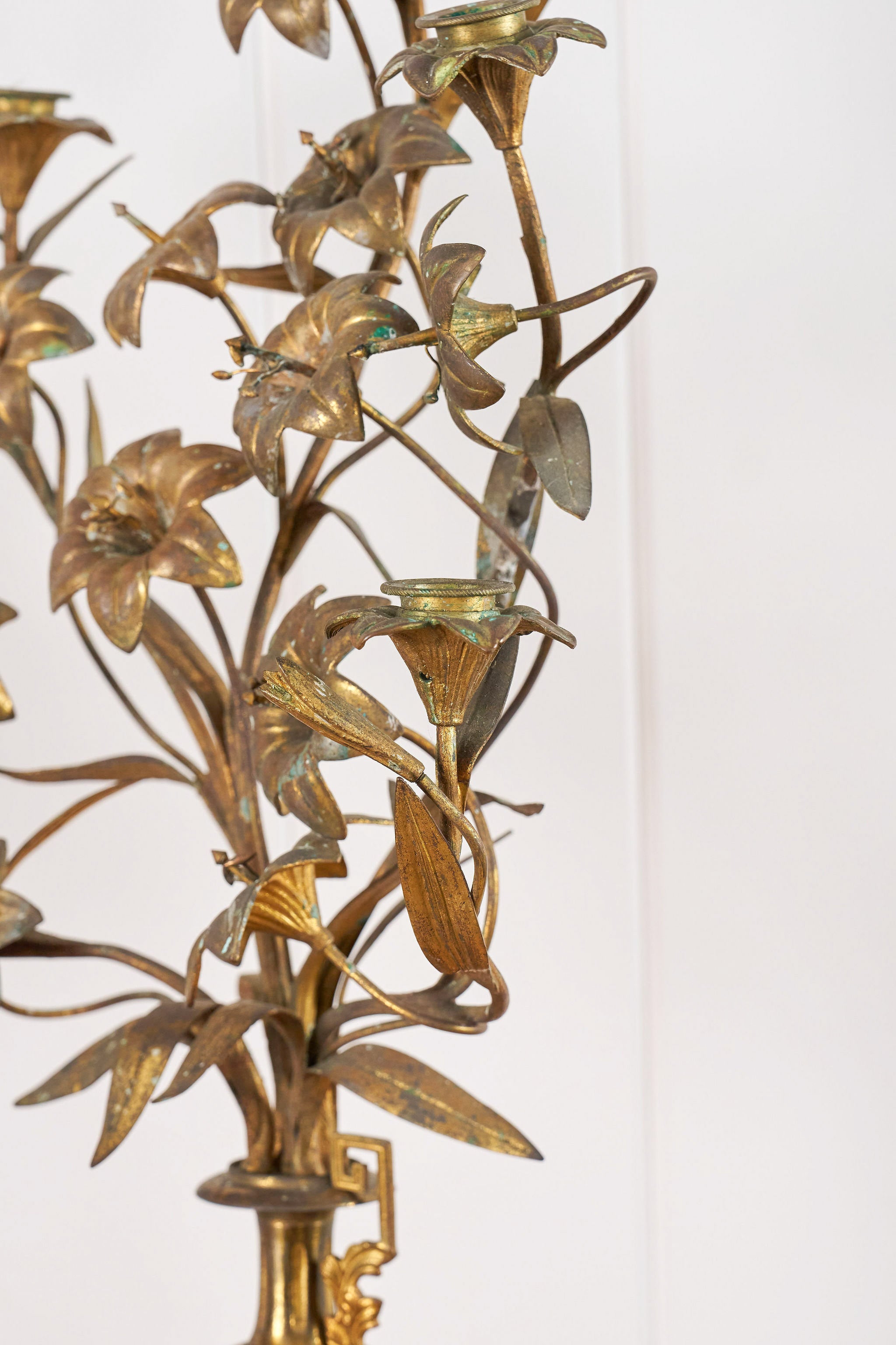 PAIR of 19th Century French Bronze Floral Toile 5-Candle Candelabras