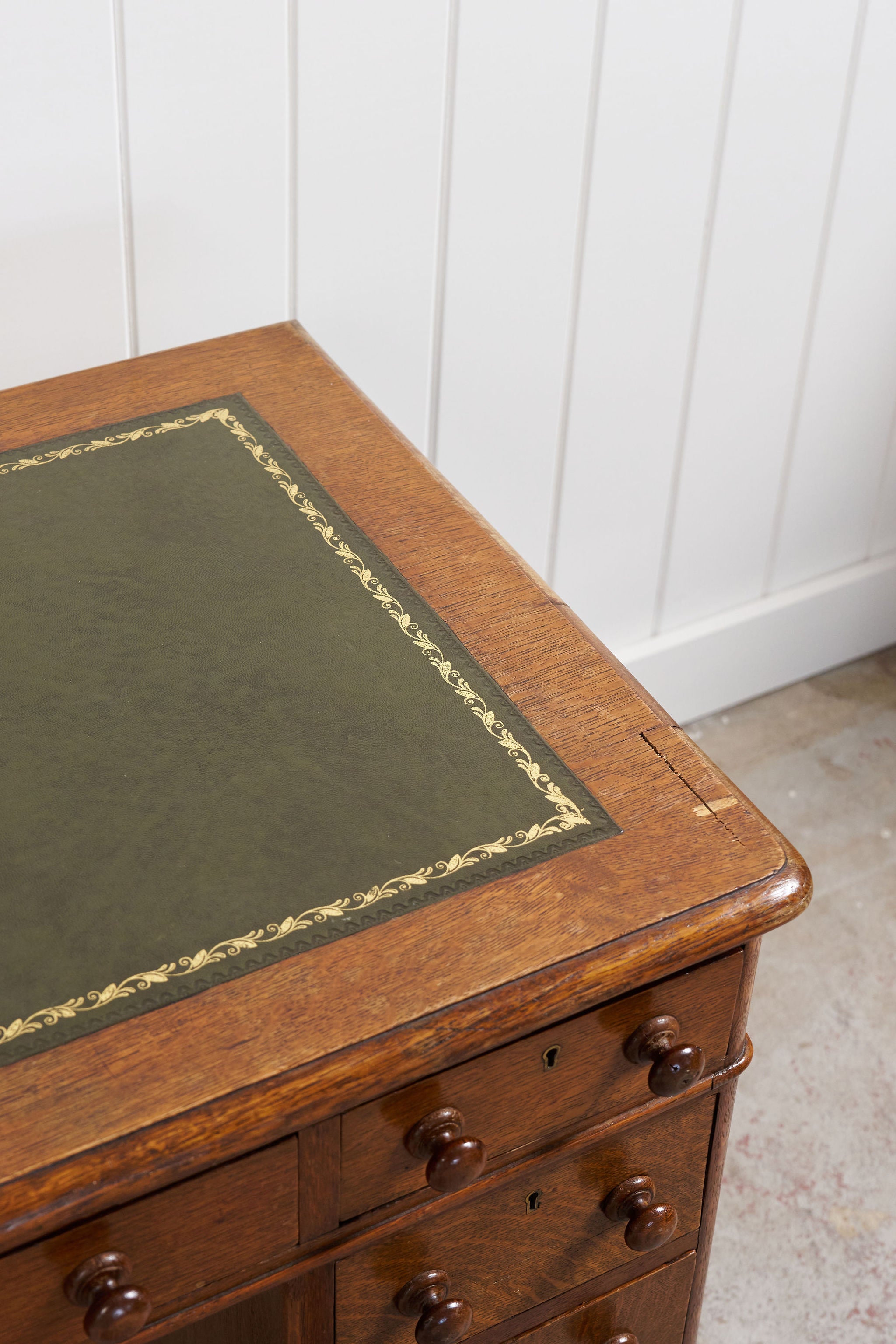 Petite 19th Century Oak Desk With Green Leather Top