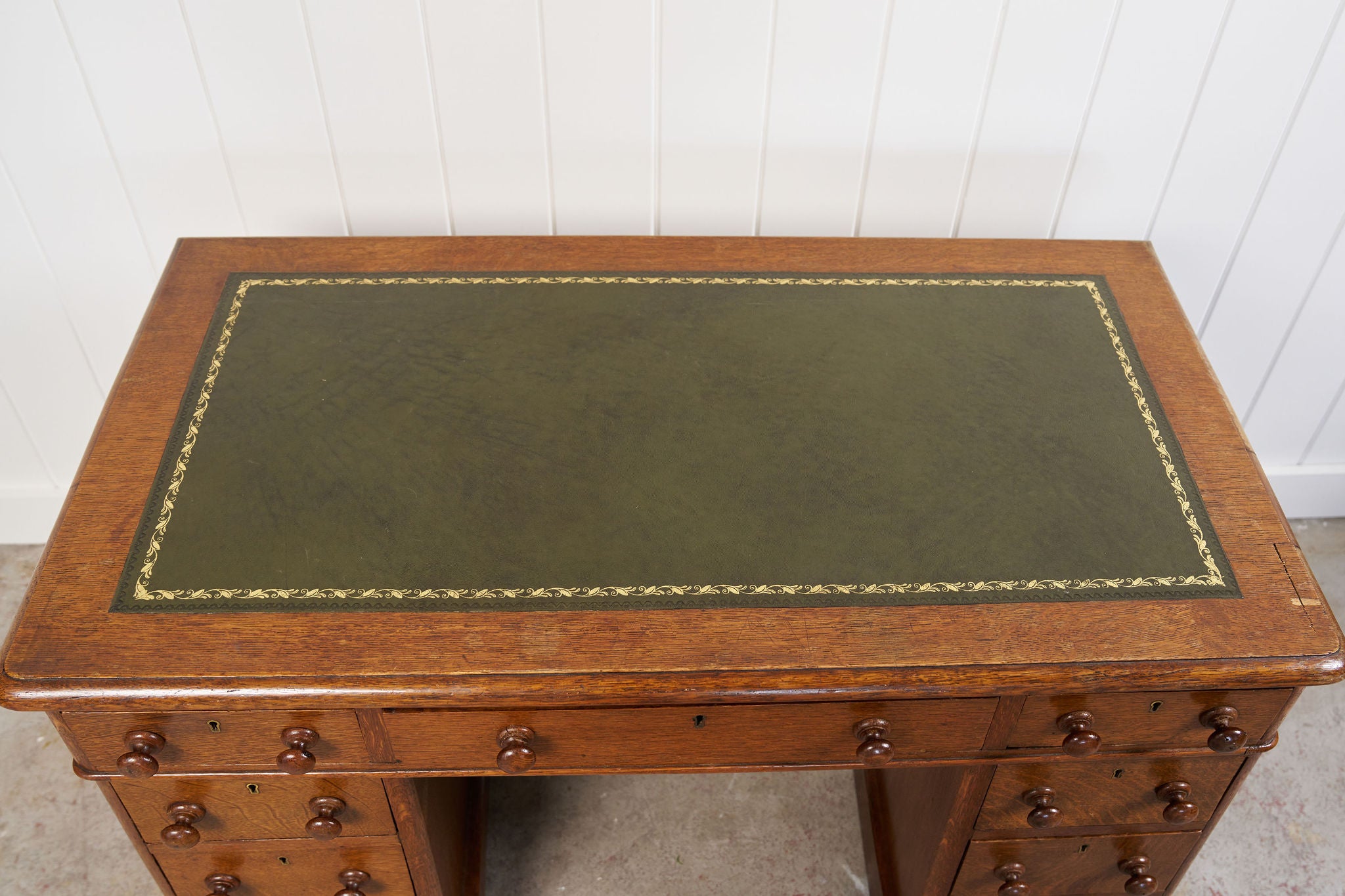 Petite 19th Century Oak Desk With Green Leather Top