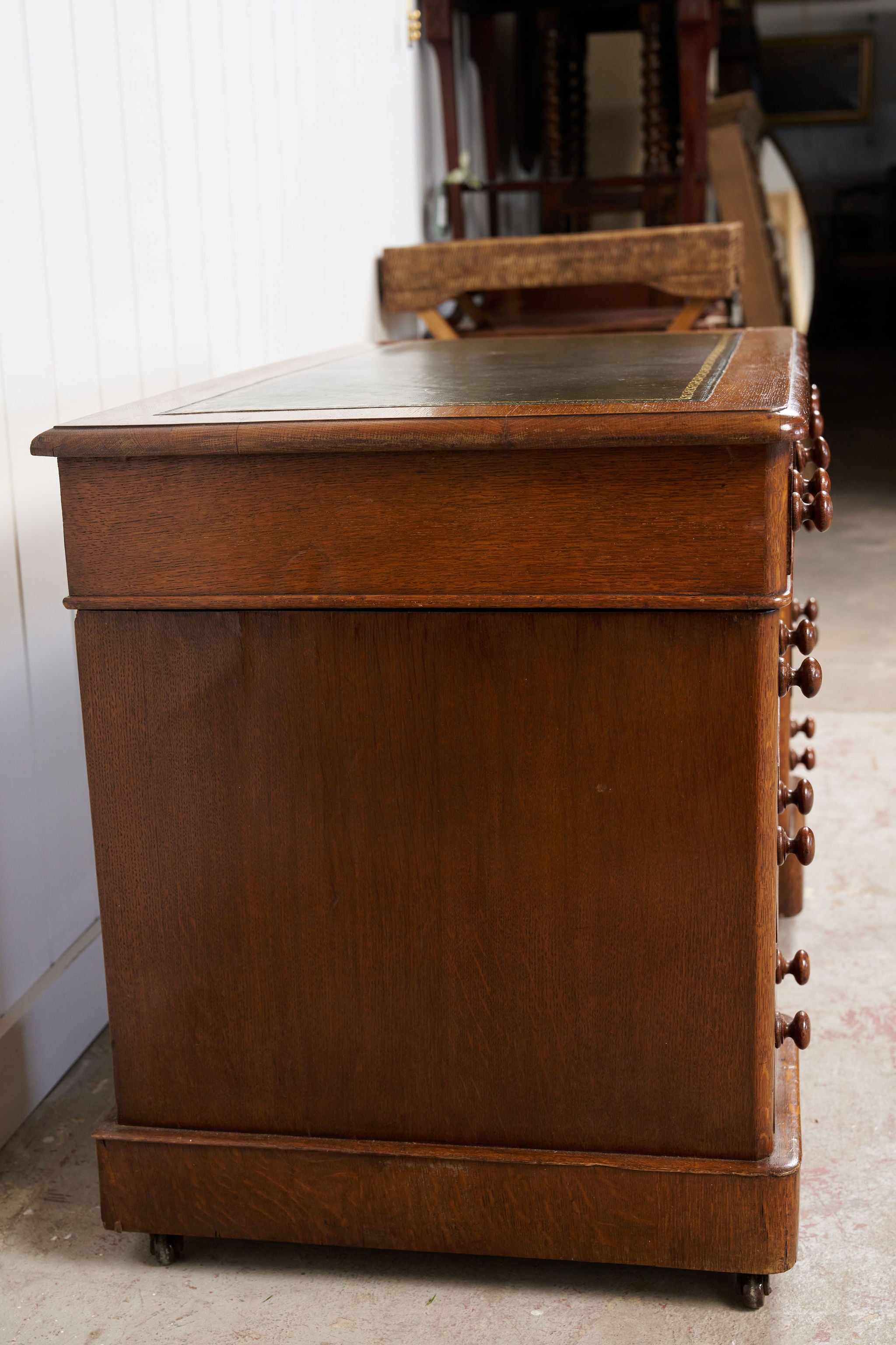 Petite 19th Century Oak Desk With Green Leather Top