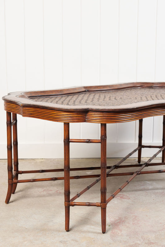 Vintage Maitland-Smith Large Tray Top Coffee Table | Faux Bamboo, Rattan + Leather