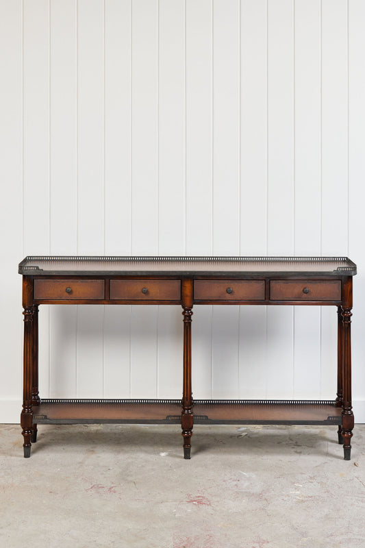 Theodore Alexander Louis XVI Style Console with Bronze Galleries and Leather Top