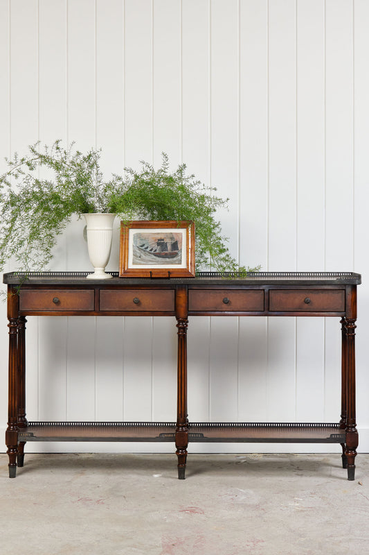 Theodore Alexander Louis XVI Style Console with Bronze Galleries and Leather Top