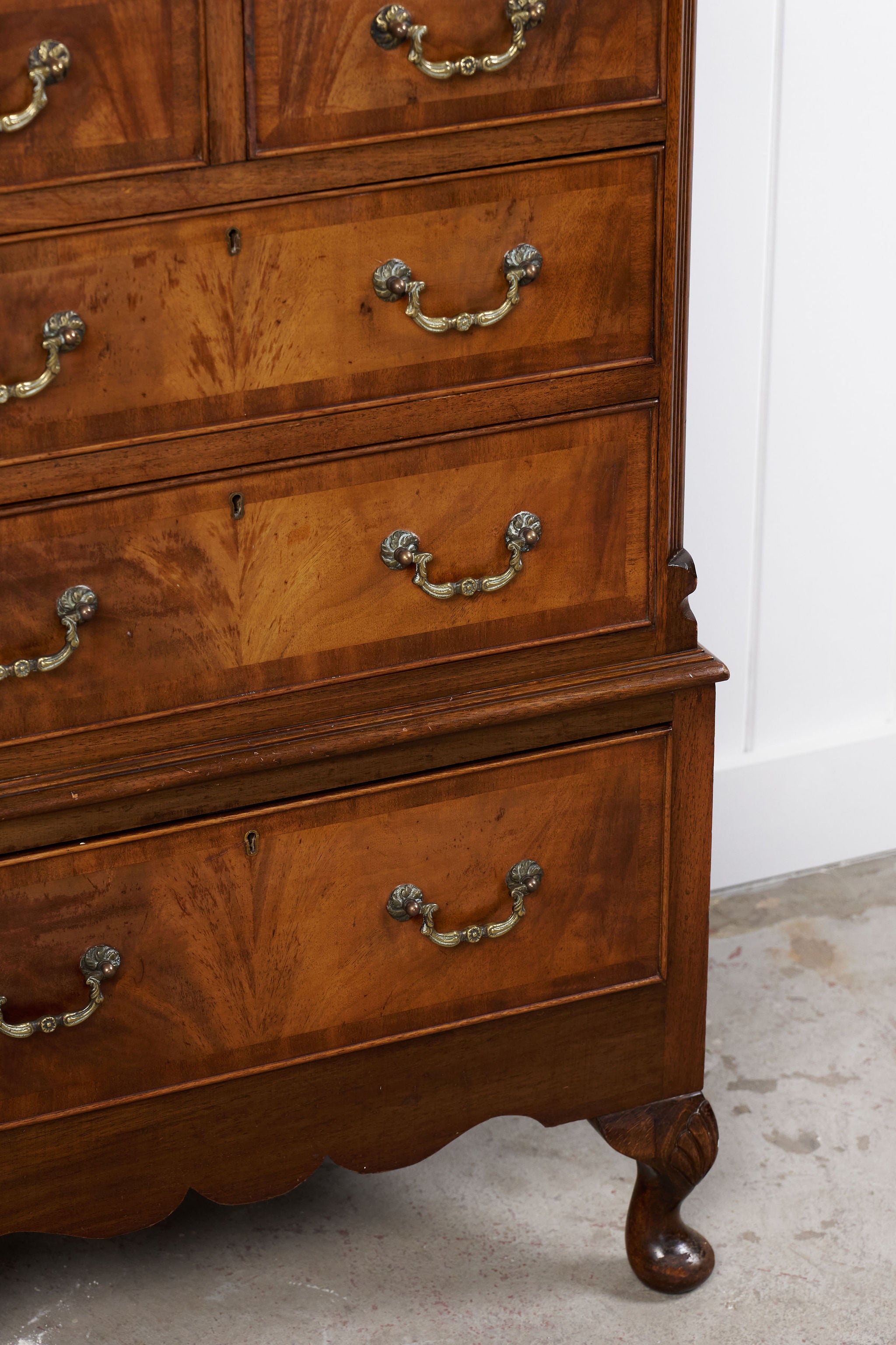 Burl Walnut Chest On Stand With Scalloped Apron