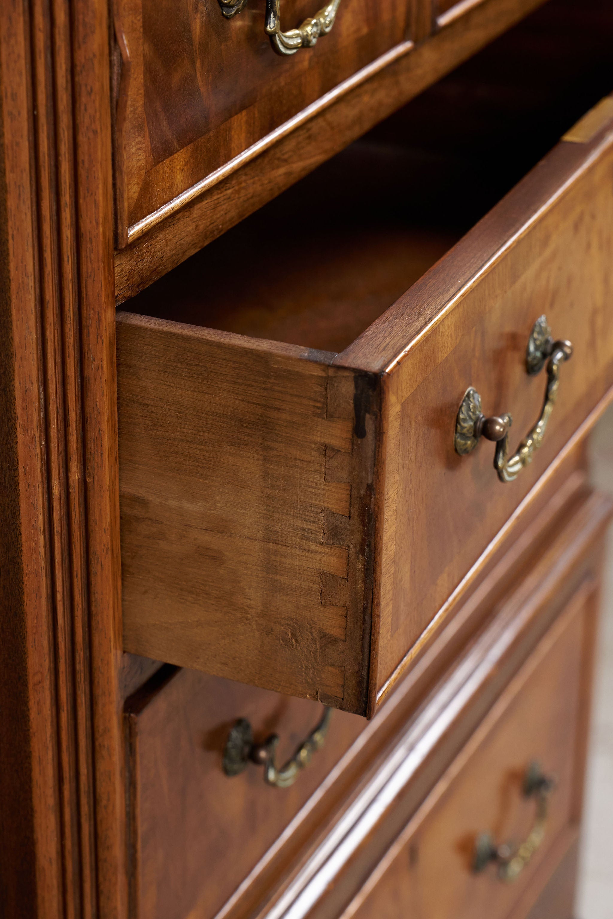 Burl Walnut Chest On Stand With Scalloped Apron