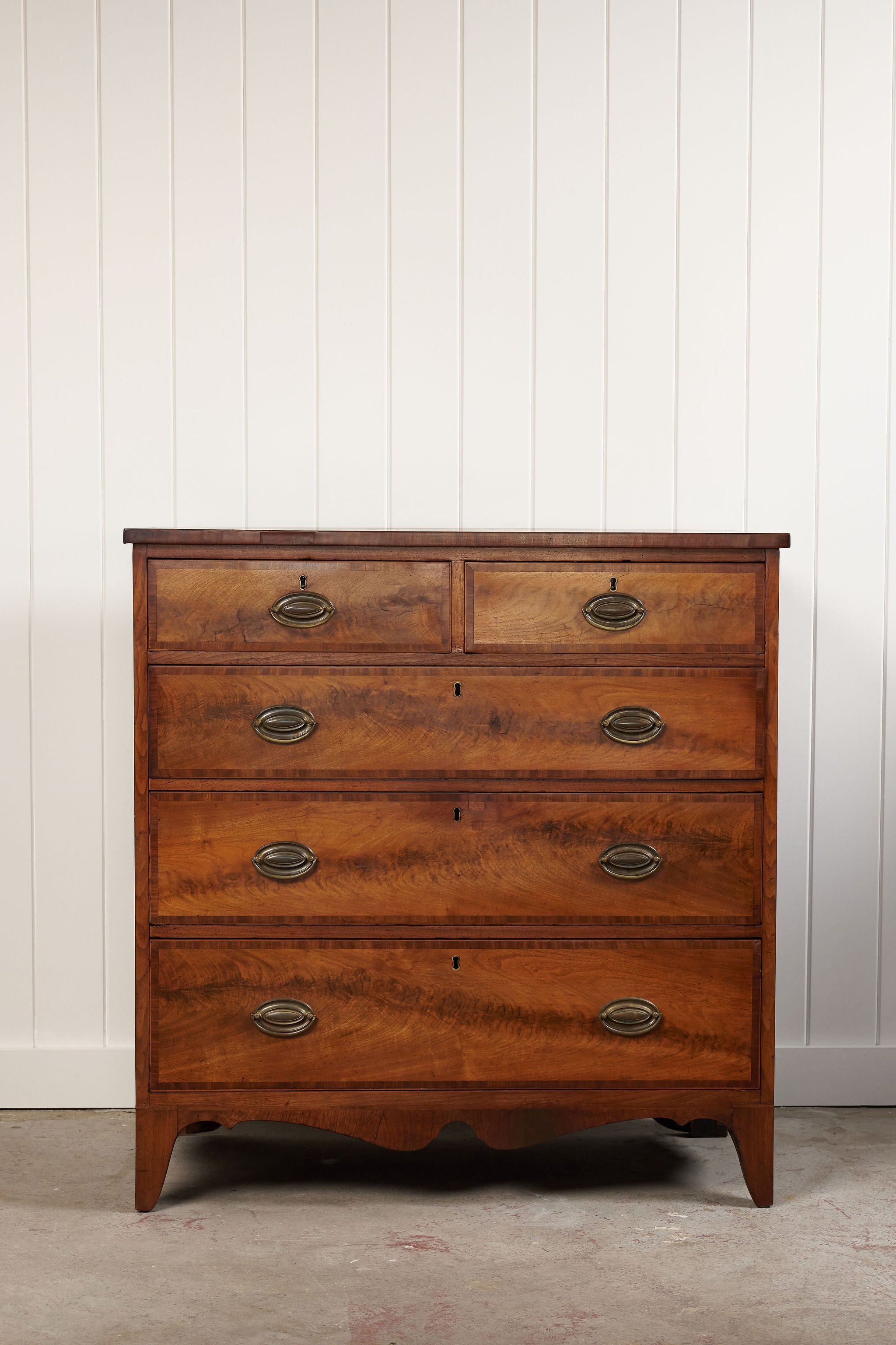 19th Century English Inlaid Walnut 2-Over-3 Drawer Chest with Unique Apron