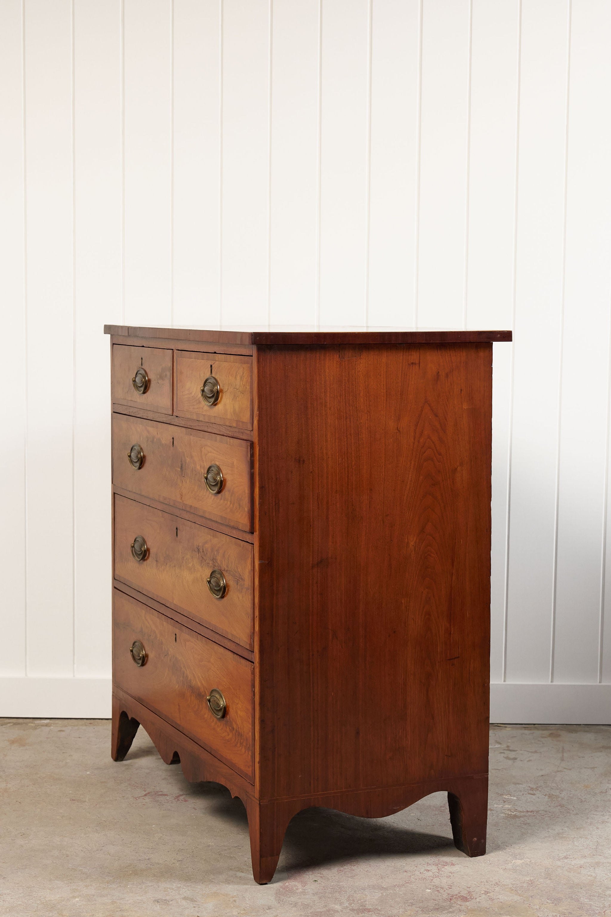 19th Century English Inlaid Walnut 2-Over-3 Drawer Chest with Unique Apron