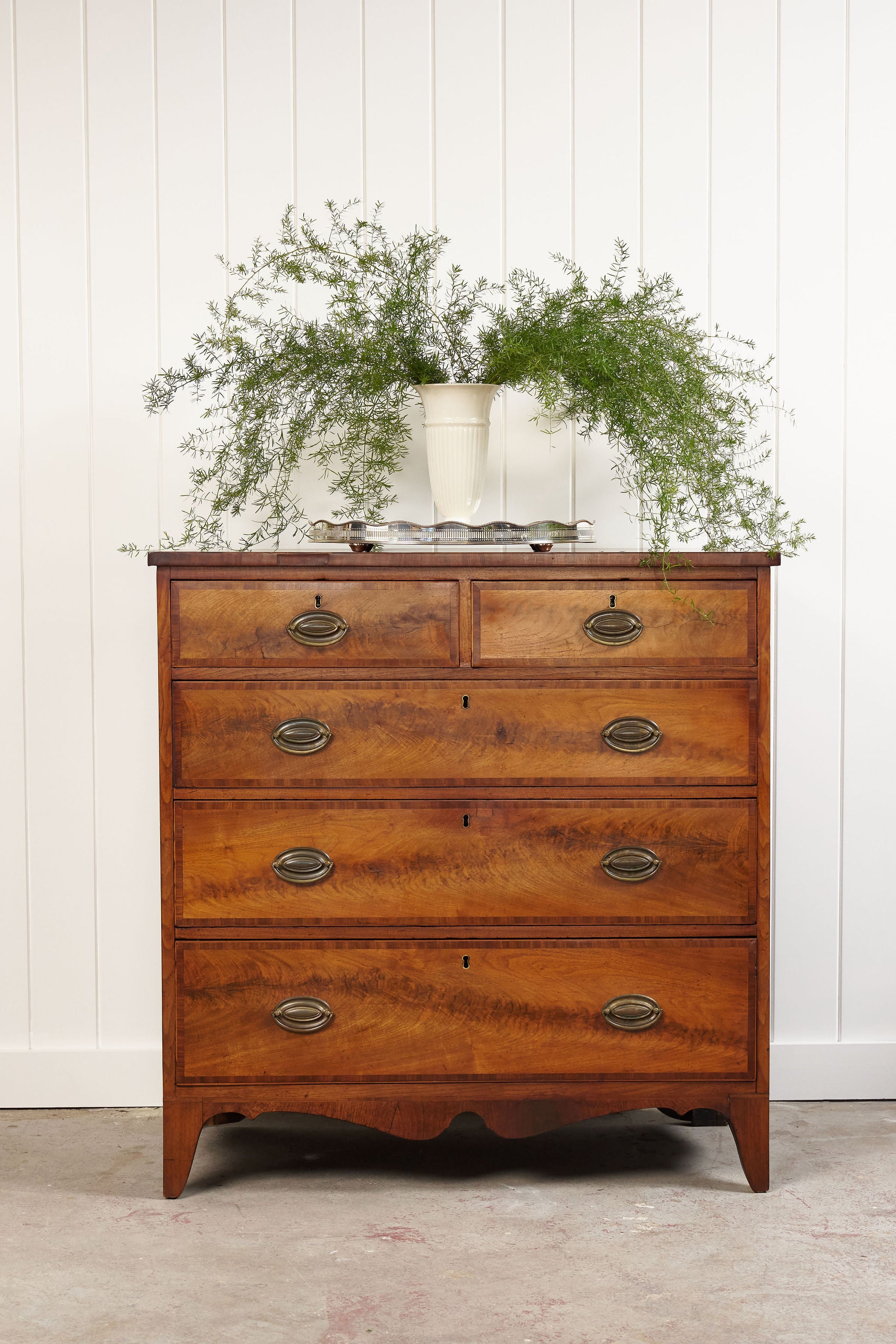 19th Century English Inlaid Walnut 2-Over-3 Drawer Chest with Unique Apron