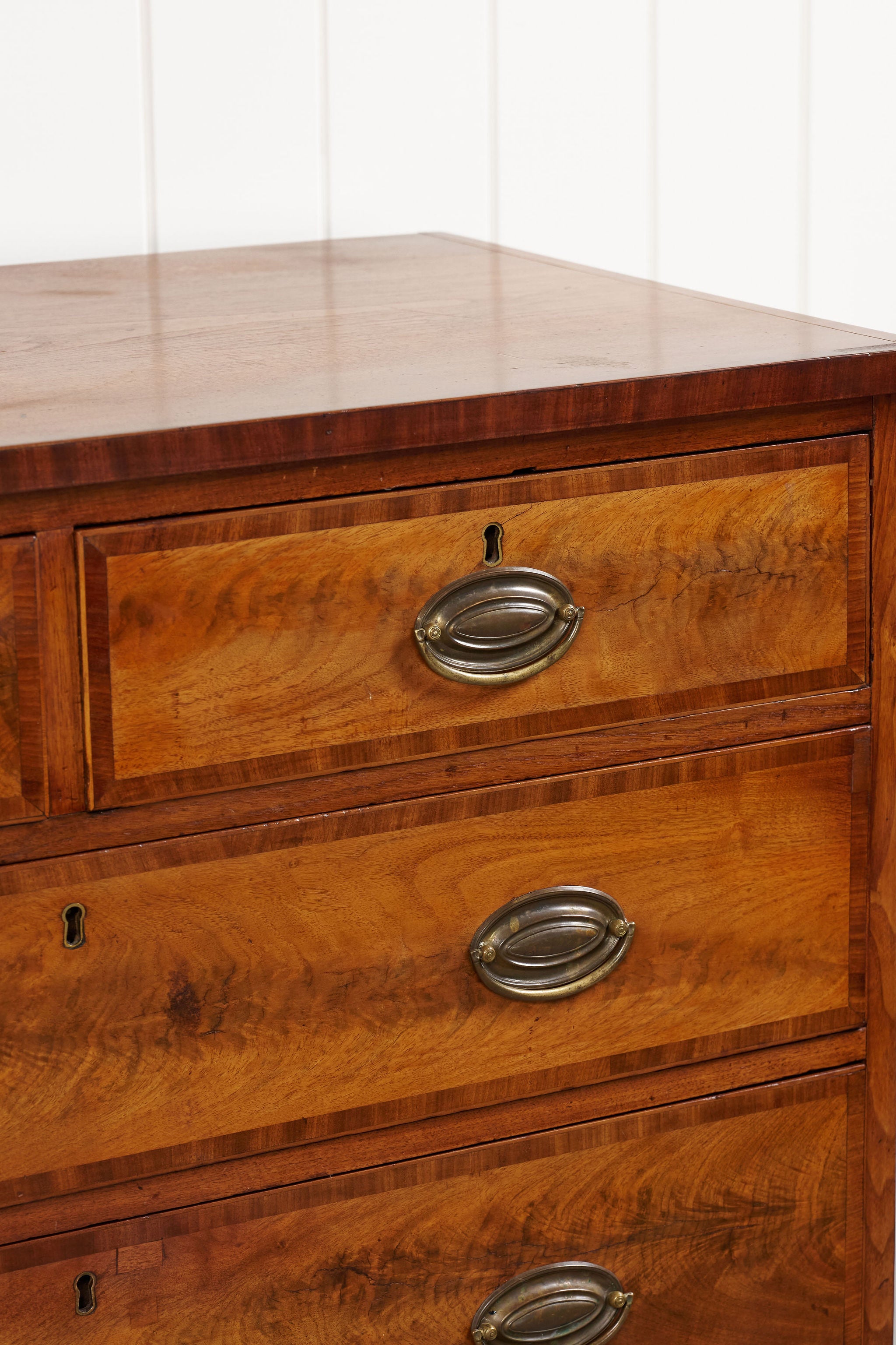 19th Century English Inlaid Walnut 2-Over-3 Drawer Chest with Unique Apron