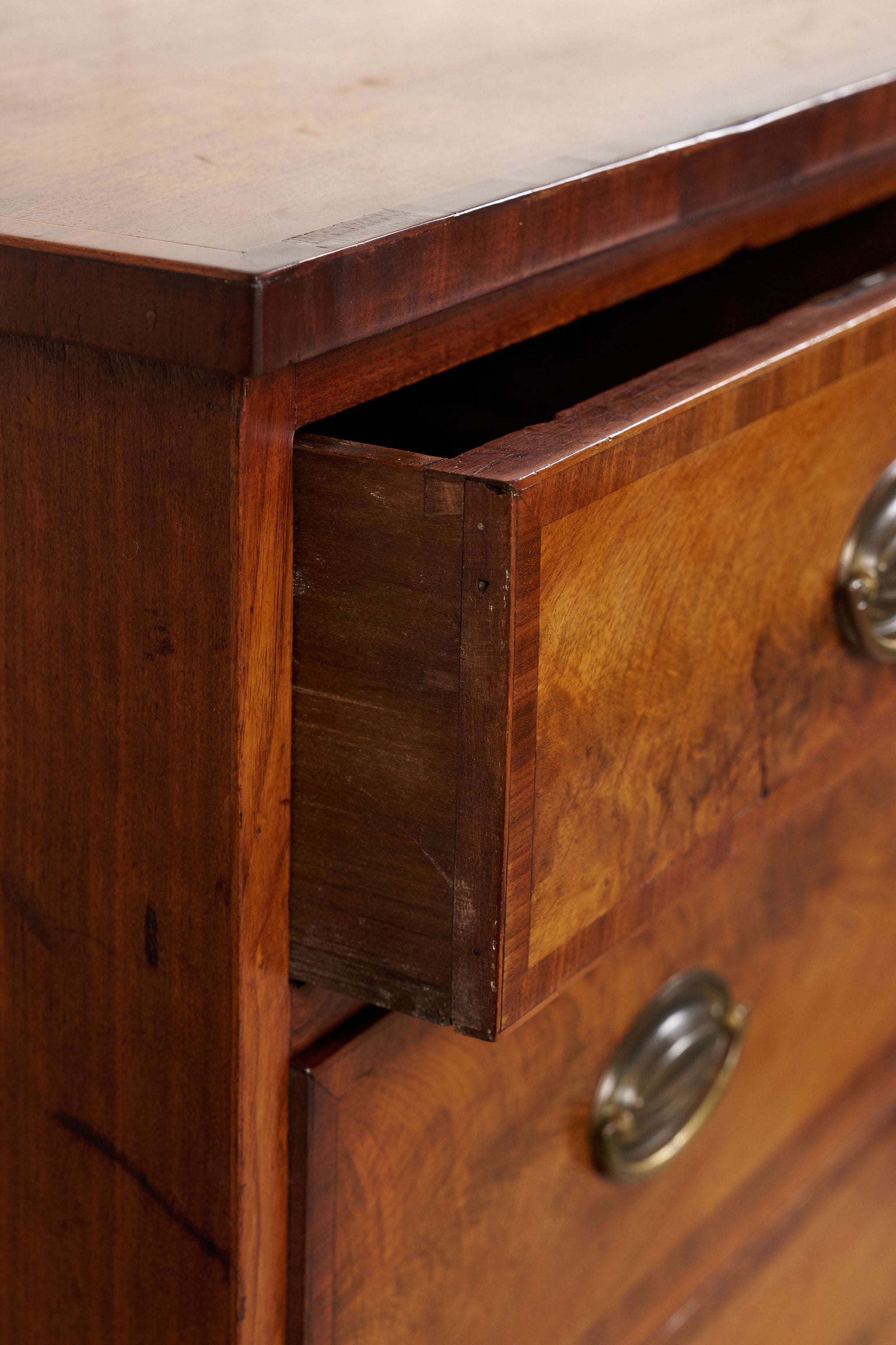 19th Century English Inlaid Walnut 2-Over-3 Drawer Chest with Unique Apron
